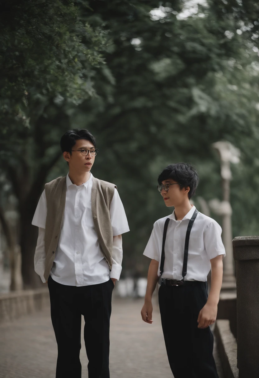Two high school boys are standing and having a conversation。japanese hight school uniform、I'm wearing a school run。One of them had dyed blonde hair.、I don't wear glasses。The other has black hair.、I'm a nerd with glasses。Both of them are Japan。The blonde boy doesn't wear glasses。