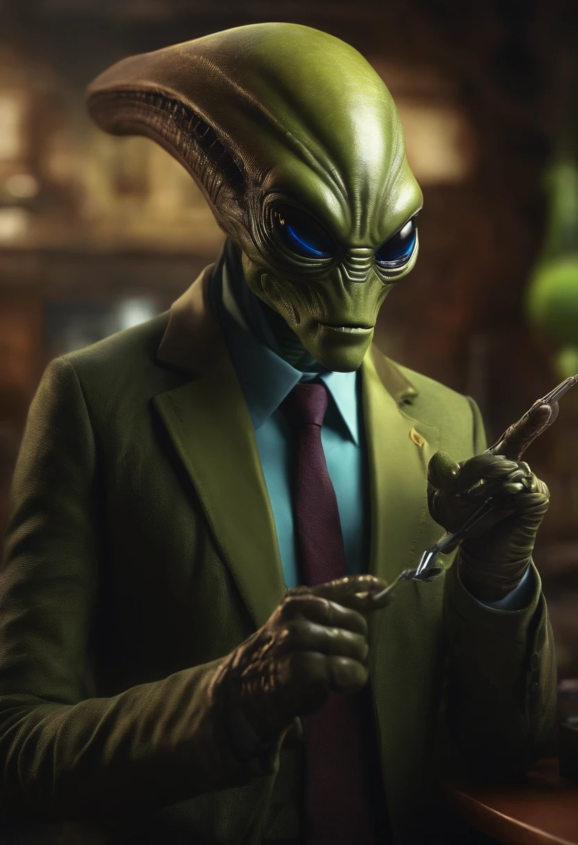 alien creating, idea, very detailed, alien talking on the cell phone, details, background with a brick wall, humanoid creating an idea, alien in a suit, alien having an idea, full body, very colorful, realistic, with details, seen from the front , very colorful, real look, animated, having an idea, clear image, Brazilian alien, fat alien, detailed eyes, holding a screwdriver, worried, intense look, intense image, striking colors, digital art, realistic style, very detailed , positive colors,