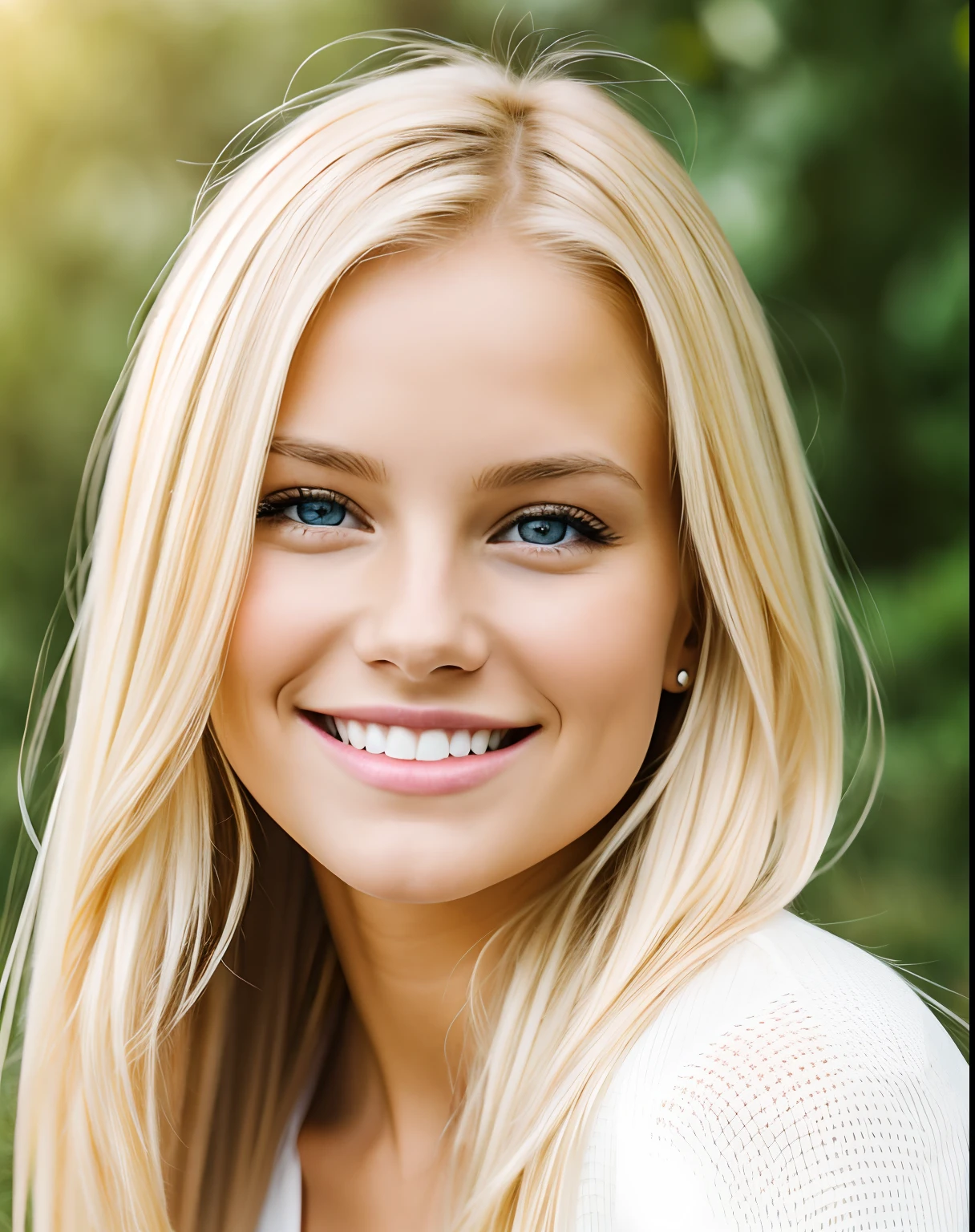 A beautiful blonde girl looking at the camera with a smile.