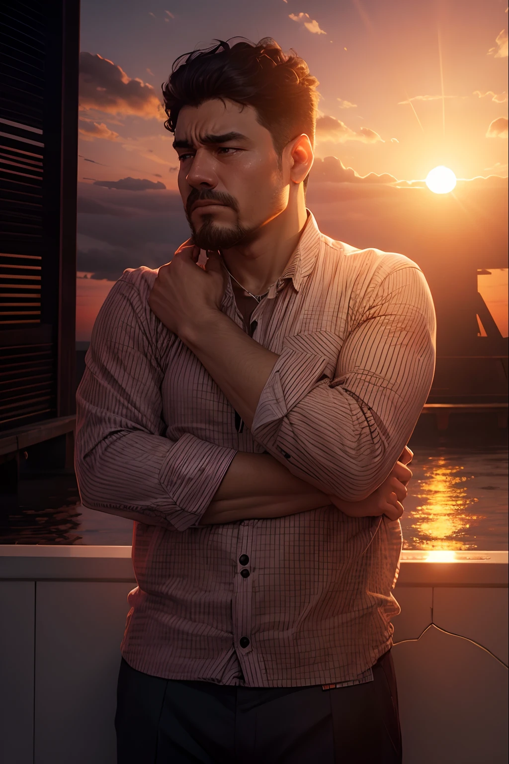 Change background to sunset, man in sad mood