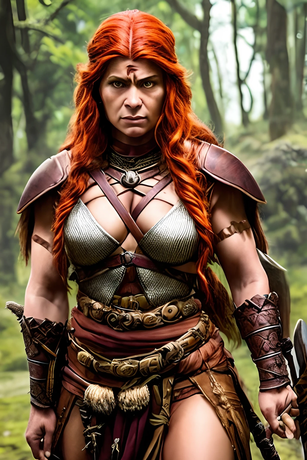 Arte inspirada John Buscema,um close up de uma mulher em um traje com uma espada, Rainha ruiva em armadura vermelha pesada, uma mulher berserker muito bonita, female redhead templar, dungeons and dragons character, barbarian woman, Guerreira do Norte, Shallan Davar, very beautiful female barbarian, Guerreira adulta do norte, portrait of a barbarian woman, barbarian warrior woman, d & d personagem de fantasia