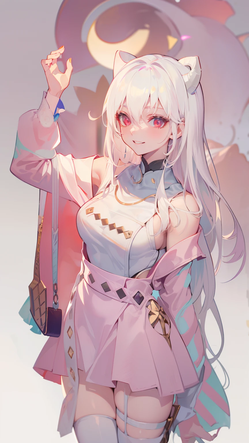 DETAILED, DENSE, MASTERPIECE, one girl, beautiful,  22 years old, smooth skin, glowing skin, glowing hair, clear eyes, glowing eyes, red eyes, soft lips,(viewer Looking down: 0. 8) smiling slightly, cheeks stained, mouth open, one girl, soft skin, large breasts, glowing skin, (Masterpiece: 1.0), (Realistic: 1.6), (Soft Focus: 1.5), albino, white hair, horns, full body, big lips, sexy face, sharp eyes, grin, skinny waist, (((skinny waist))), pastel pink jacket,