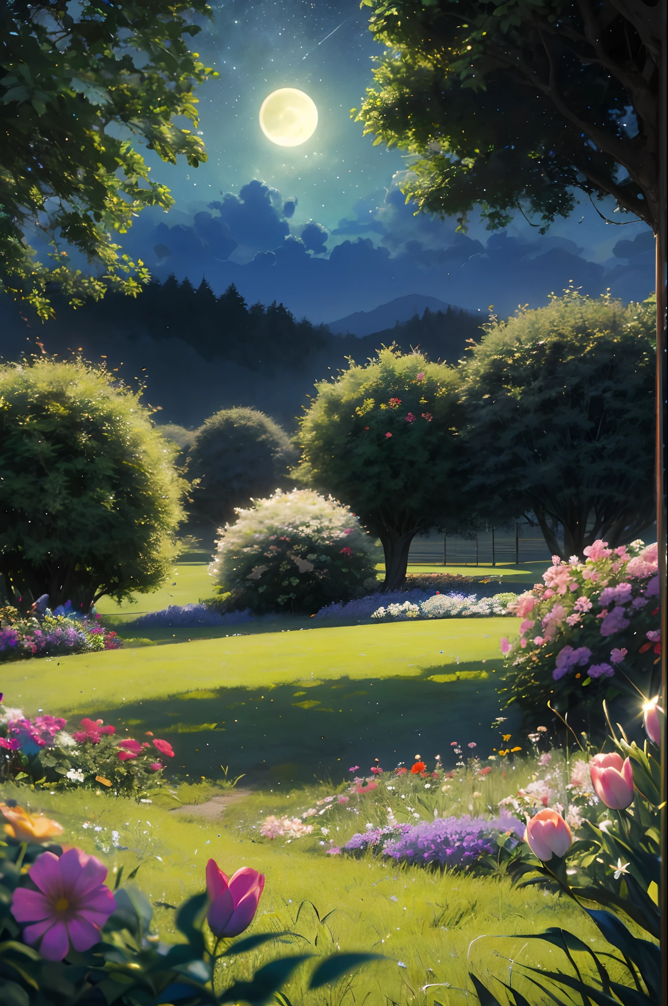 Natureza, anoitecer, lua, campo de flores lindas