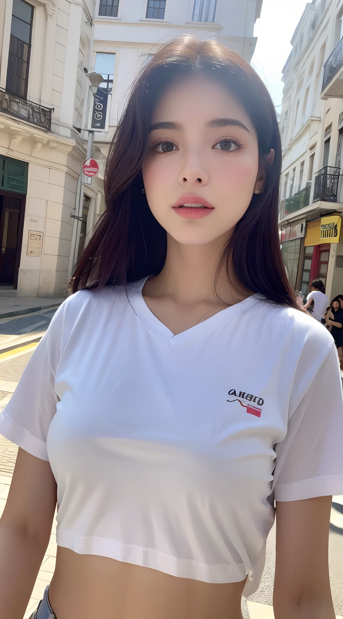 (1 Korean star with royal sister style), ((Best quality, 8K, 巨作: 1.3)), focal point: 1.2, Perfect body proportions: 1.4, (Make a smile),  Watery eyes, Highly Detailed Face and Skin Textur, Fine eyes, Double eyelids, Whitens the skin, (long whitr hair, By bangs: 1.3), (face round: 1.5), (White T-shirt),short  skirt(On the street:1.3)