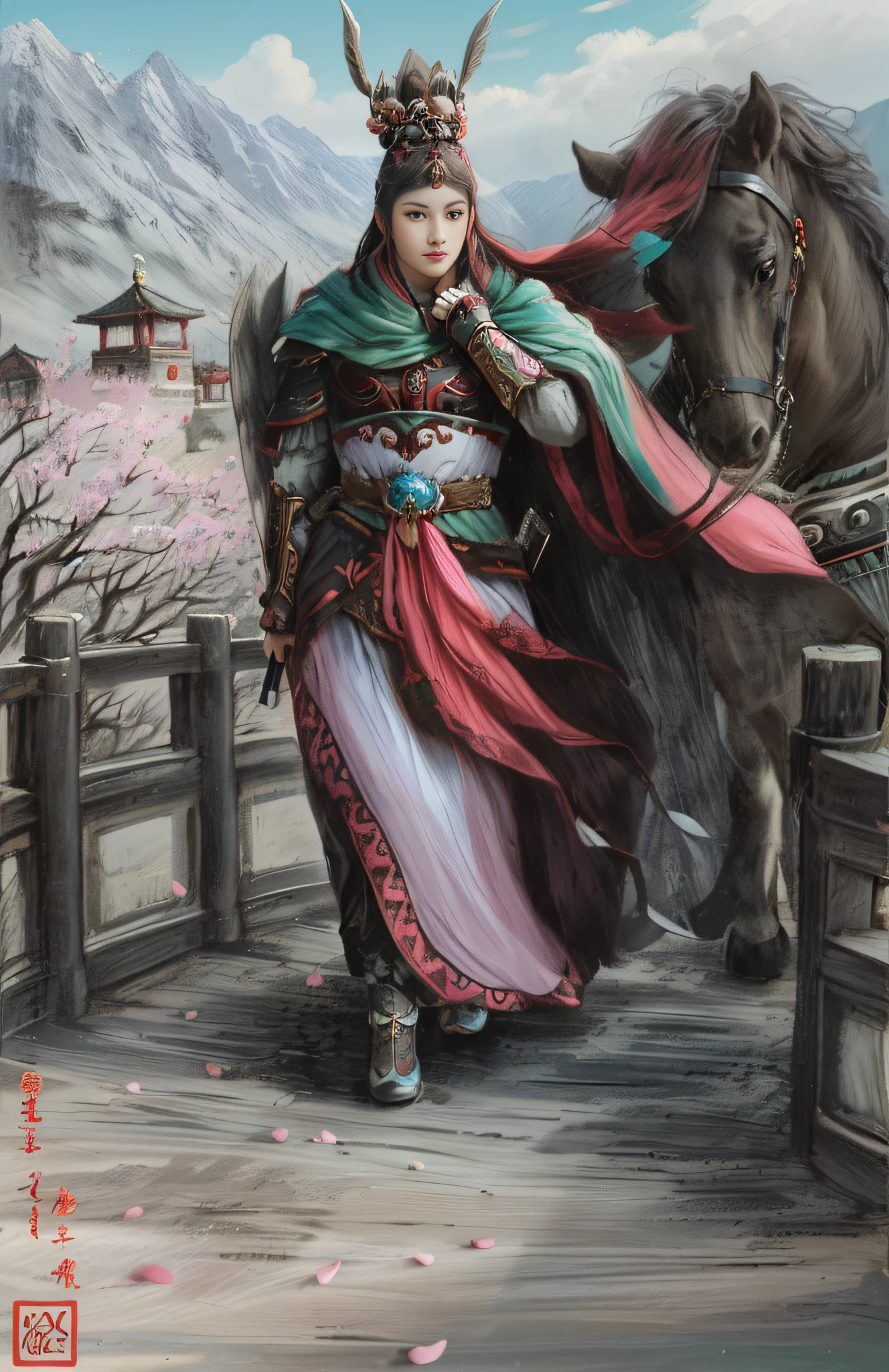 (Unreal Engine 5),Realistic rendering,  (Hanfu cape), （Vermilion Covered Bridge），A woman from the Three Kingdoms led her horse across the red covered bridge，Holding a double knife，Wear blue, Cyan and green hanfu，Pink peach blossoms in spring, Green Mountain，Close-up photo of a female ranger, epic full color illustration, inspired by Li Kan, tai warlord, Inspired by Chen Danqing, The feeling comes from Shen Quan, Inspired by Hu Zaobin, inspired by Zhu Derun, Inspired by Huang Shen, inspired by Li Rongjin, Inspired by Shen Zhou，inspired by Lu Zhi, author：Yoon Du-seop,