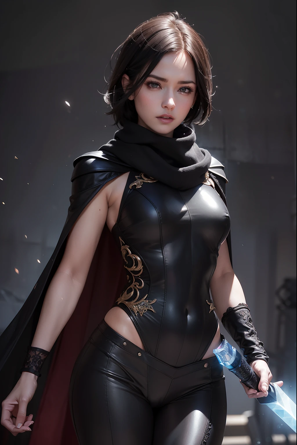 beauty girl, realistic skin (masterpiece), best quality, (((in hyper realistic and detailed body suit combat black, cape and scarf aethereal aesthetic style))), intricate perfect beauty face (((hyper realistic and detailed short black hair))), detailed sharp expressive eyes, (((from face to the waist))), (((beauty slim shape))), 4k, UHD, (((holding a hyper realistic and detailed crystal sword))), dinamic panning photography move/pose::1