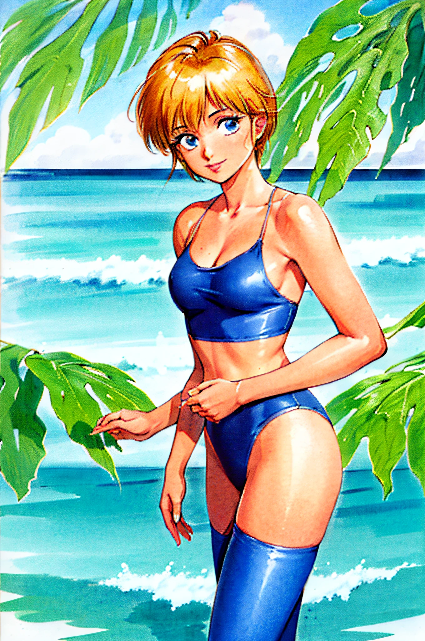 TAKADA AKEMI, PAINTING \(MEDIUM\), RETRO ARTSTYLE, TRADITIONAL MEDIA, WATERCOLOR \(MEDIUM\), 1980S \(STYLE\), (only 1 girl), ((solo)), short hair, blue eyes, blond hair, smiling, detailed eyes, Perfect features, (masterpiece), (best quality:1.4), absurdres, [:intricate details:0.2], moist skin, shiny skin, glossy skin, (masterpiece, best quality, good quality:1.4), masterpiece, intricate details, ((2 PEICE SWIMSUIT)), (LOOKING AT VIEWER), OUTDOORS, BEACH, CLOSE UP, SEXY