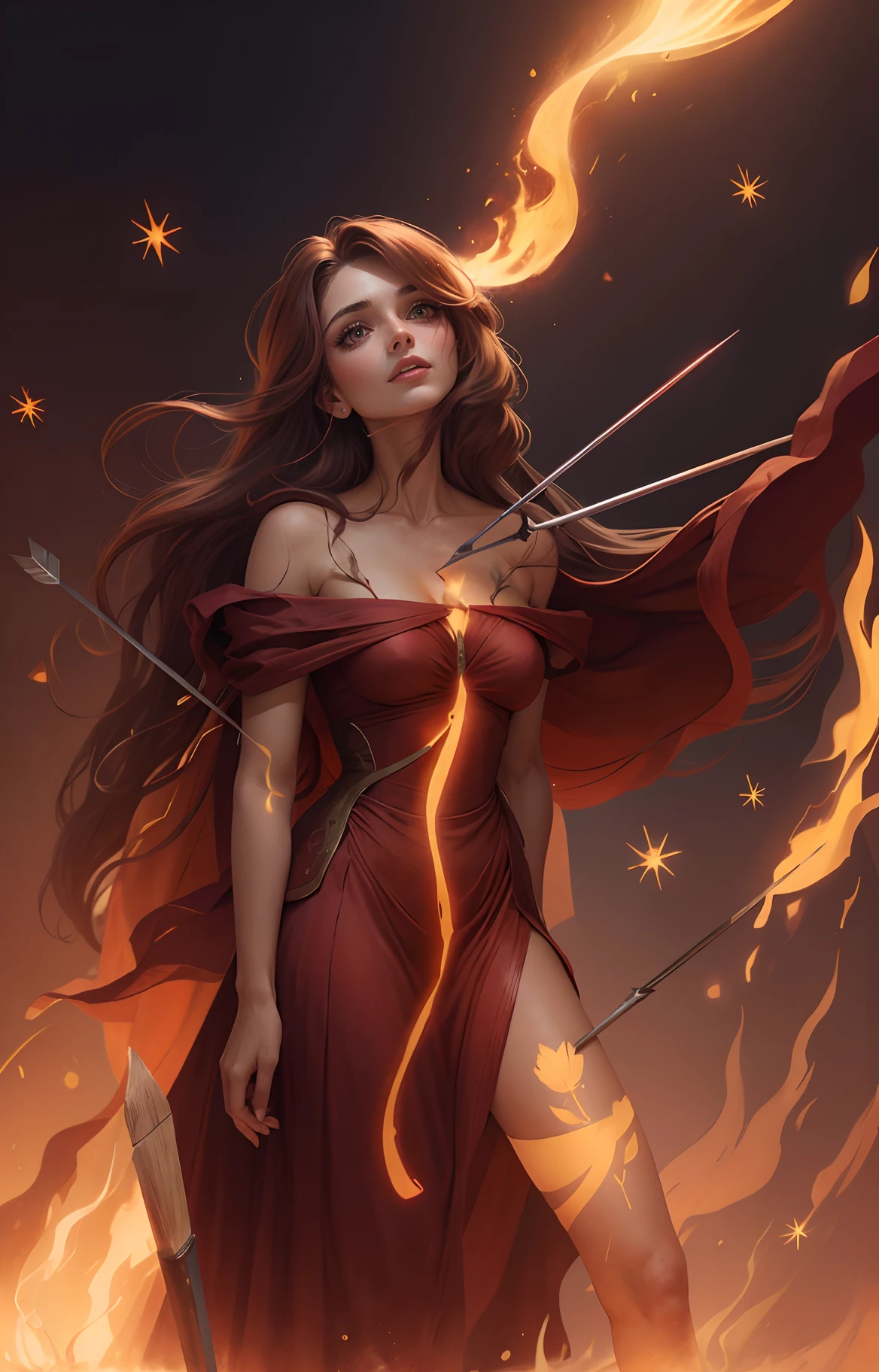 Mulher de longos cabelos pretos/escuro/vermelho, fvestidolorestá, flores, vestido prateada, espada, flechas, flechas na mulher, Fire and sparks, lugar escuro, Fire and sparks
