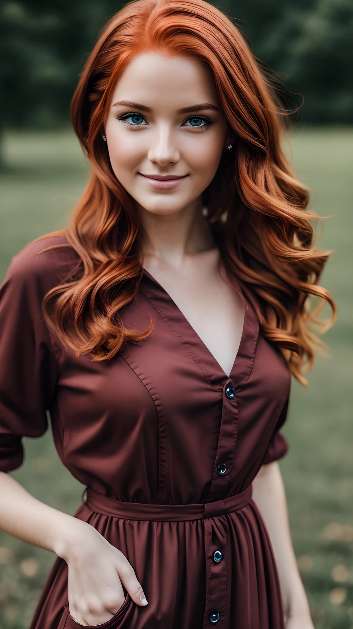 Hyper realistic and detailed full body photo of one young smiling beautiful red head woman. perfect eyes, (Eye makeup:1.1), (highly detailed skin:1.1), RAW, analog style, sharp focus, 8k UHD, DSLR, high quality, Fujifilm XT3, grain, award winning, masterpiece.