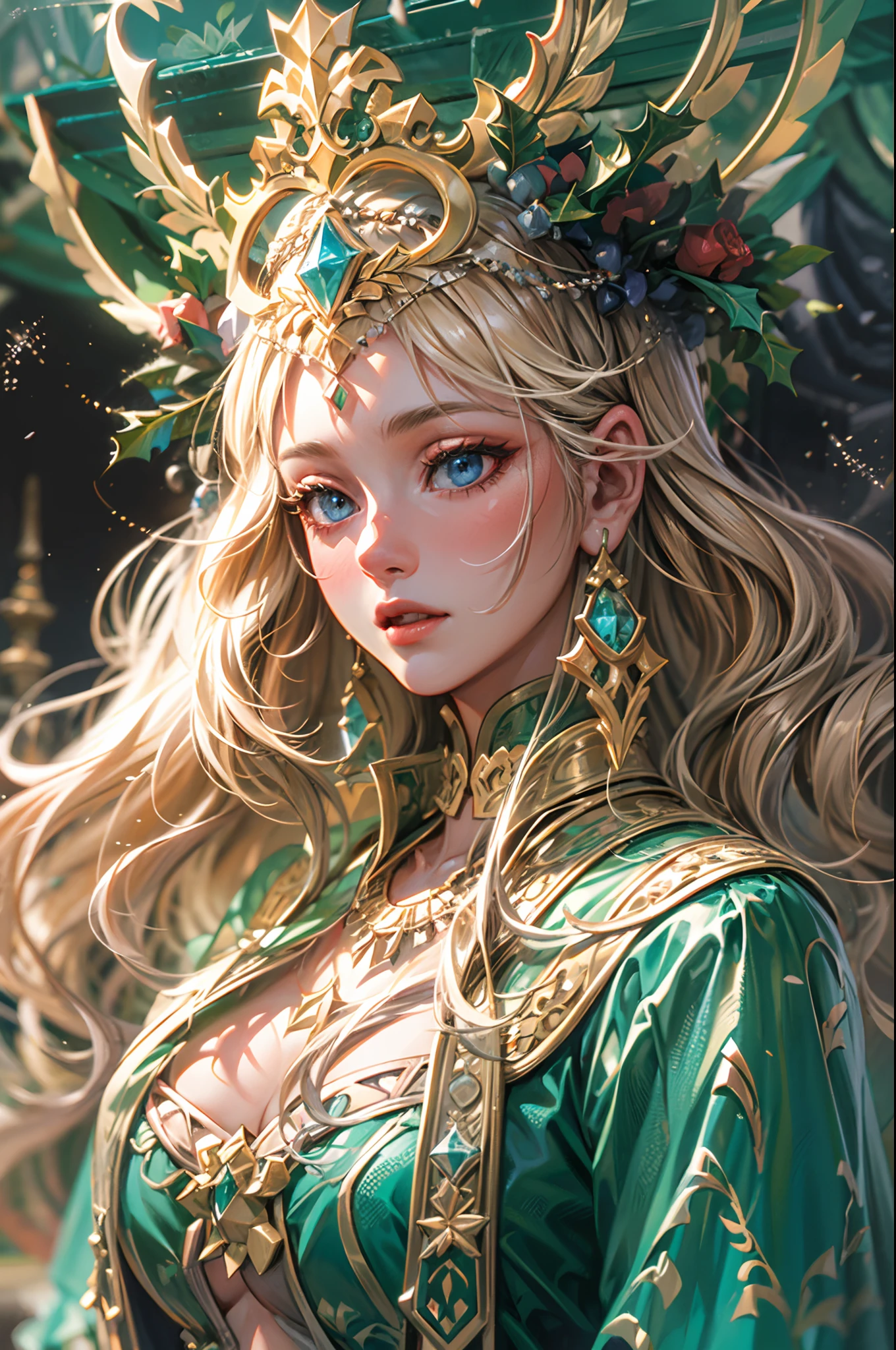 a beautiful empress portrait, blonde hair, perfect blue eyes, with a brilliant, impossible striking big Christmas headpiece, clothes Santa robes, everything Christmas, snow, symmetrical, dramatic studio lighting, rococo, baroque, greens, asian, hyperrealism, closeup, D&D, fantasy, intricate, elegant, highly detailed, digital painting, artstation, octane render, 8k, concept art, matte, sharp focus