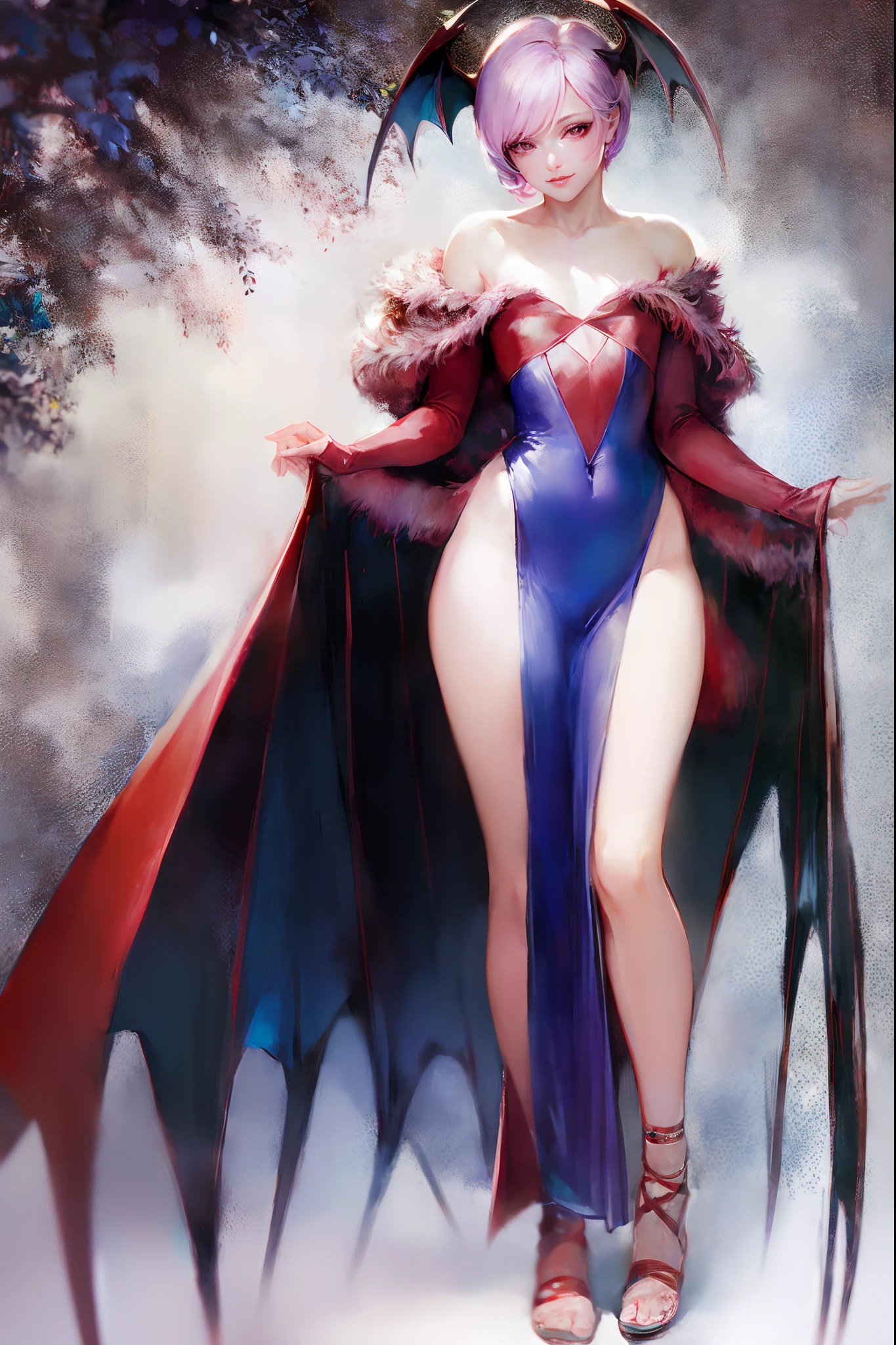 (best quality,masterpiece:1.2),intricate details,beautiful detailed eyes,beautiful detailed lips,extremely detailed eyes and face,longeyelashes,darkstalkers_lilith modeseven,super curvy,comic style,vibrant colors,standing,innocent, full body, standing, smile