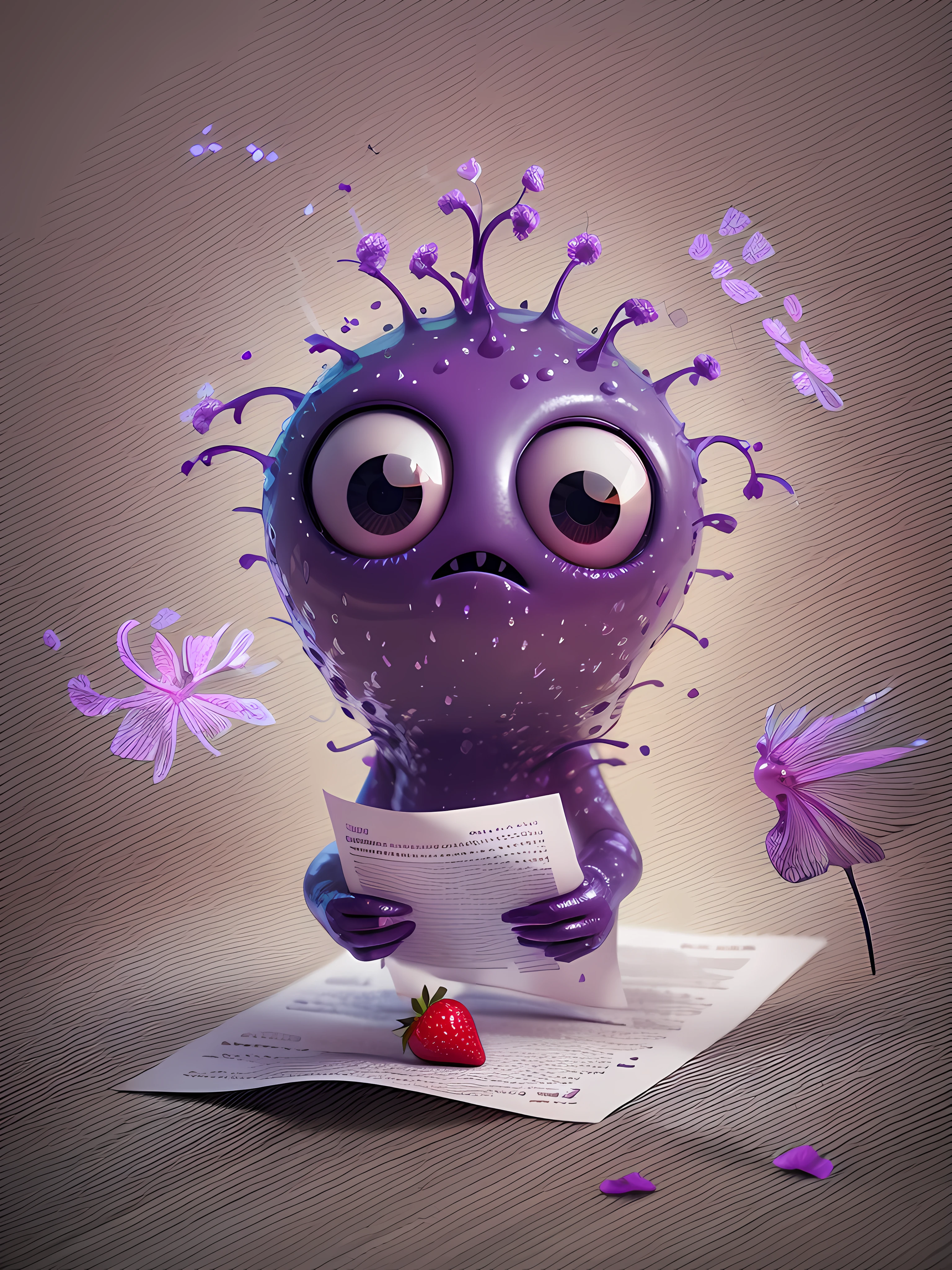 Digital art, graphic . incredibly cute fantastic purple strawberry creature with glowing big eyes holding a paper with phrase "l like you ", ultra detail, abstraction, surrealism, best quality, masterpiece, luminescence, splash