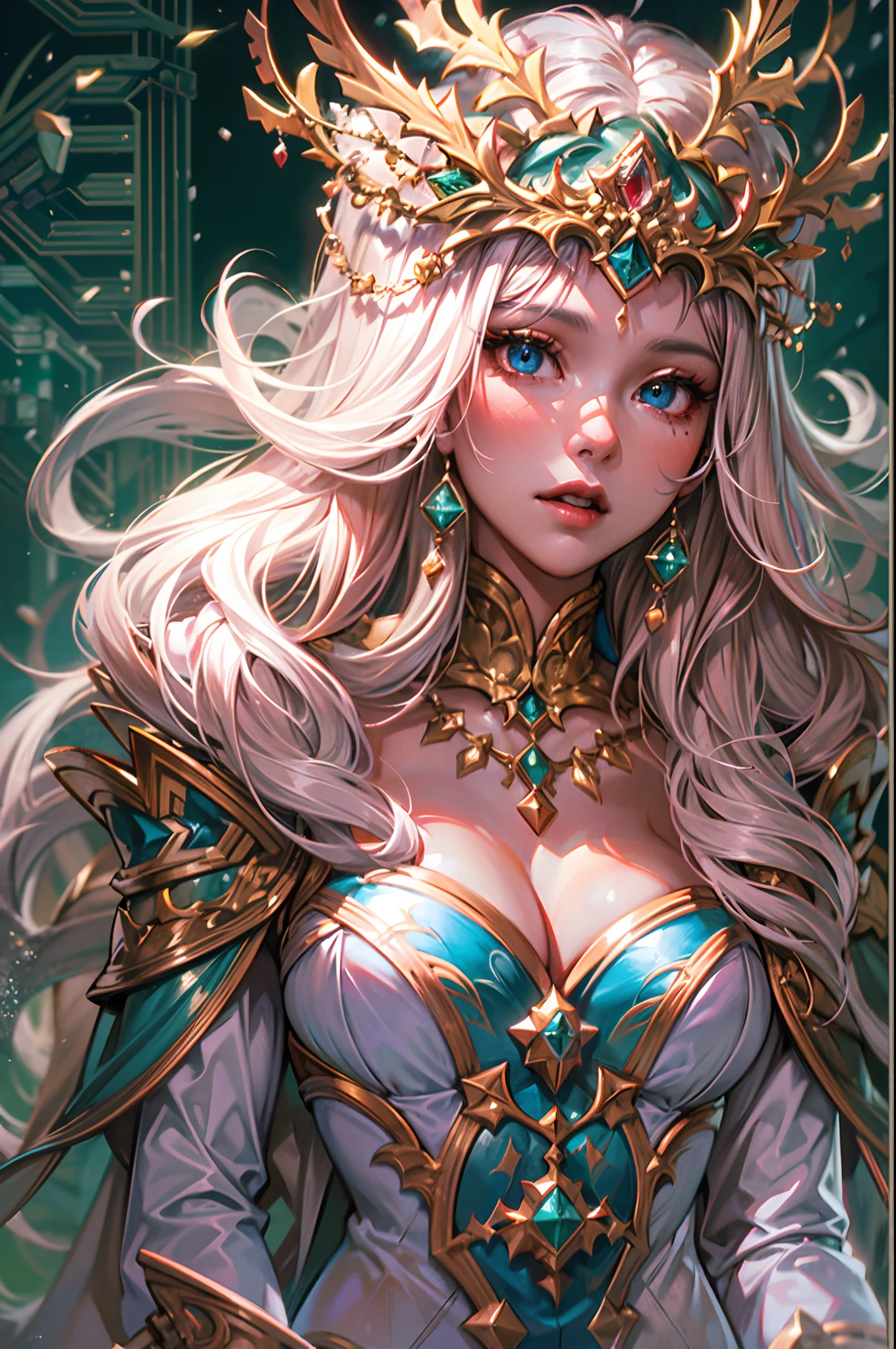 a beautiful empress portrait, blonde hair, perfect blue eyes, with a brilliant, impossible striking big Christmas headpiece, clothes Santa robes, everything Christmas, snow, symmetrical, dramatic studio lighting, rococo, baroque, greens, asian, hyperrealism, closeup, D&D, fantasy, intricate, elegant, highly detailed, digital painting, artstation, octane render, 8k, concept art, matte, sharp focus