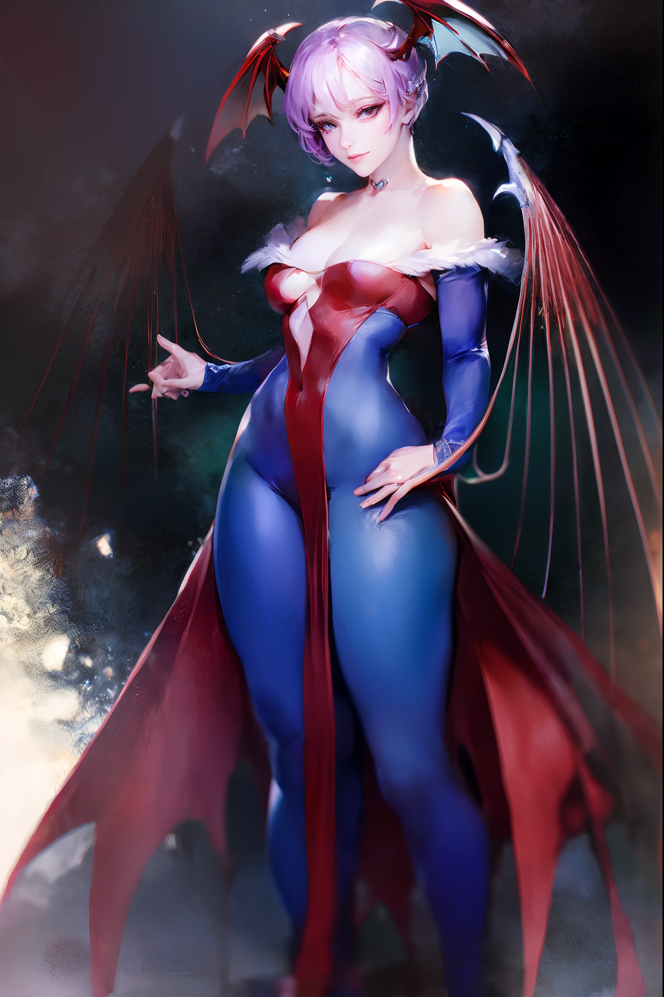 (best quality,masterpiece:1.2),intricate details,beautiful detailed eyes,beautiful detailed lips,extremely detailed eyes and face,longeyelashes,darkstalkers_lilith modeseven,super curvy,comic style,vibrant colors,standing,innocent, full body, standing, smile