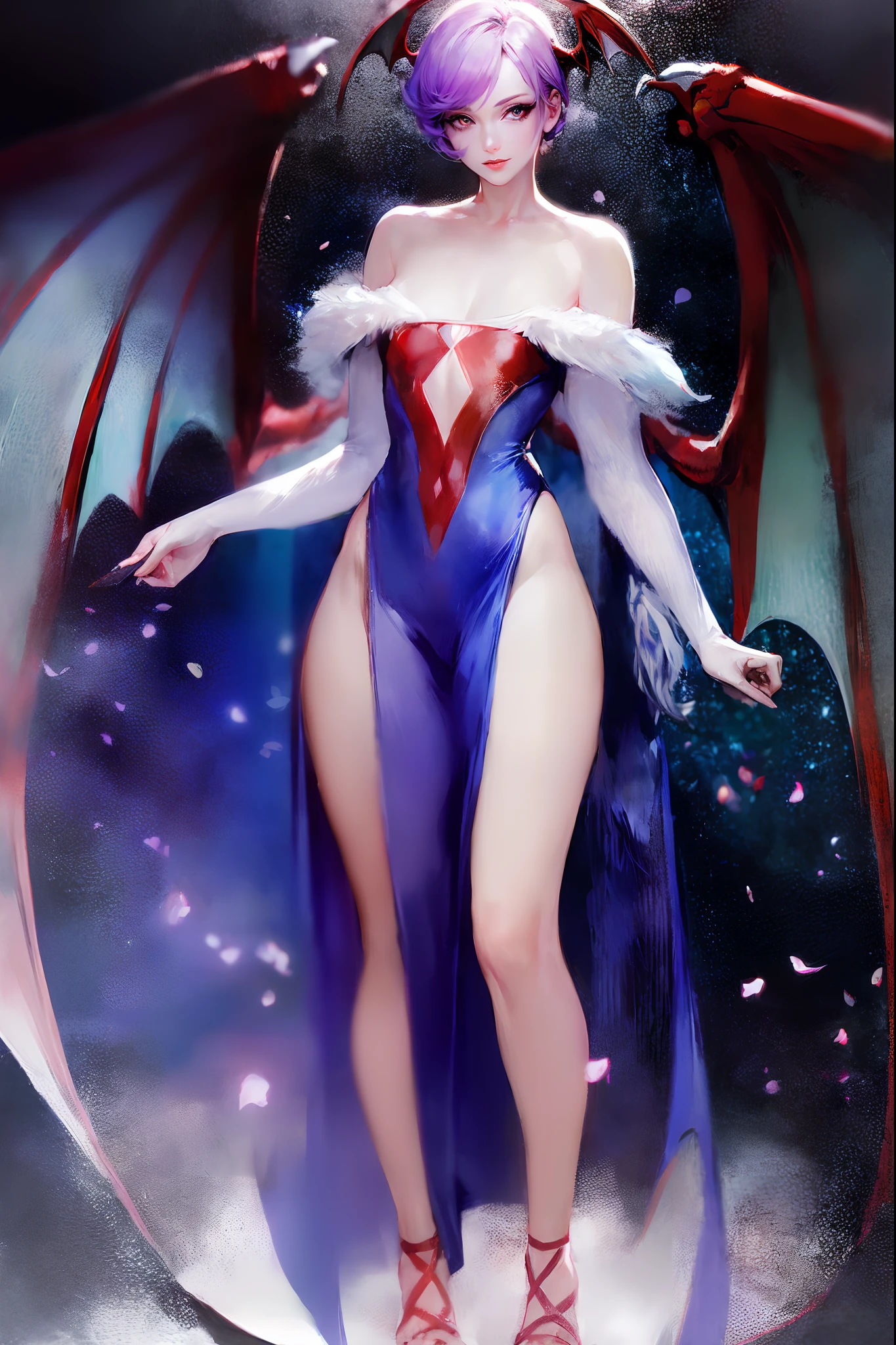 (best quality,masterpiece:1.2),intricate details,beautiful detailed eyes,beautiful detailed lips,extremely detailed eyes and face,longeyelashes,darkstalkers_lilith modeseven,super curvy,comic style,vibrant colors,standing,innocent, full body, standing, smile