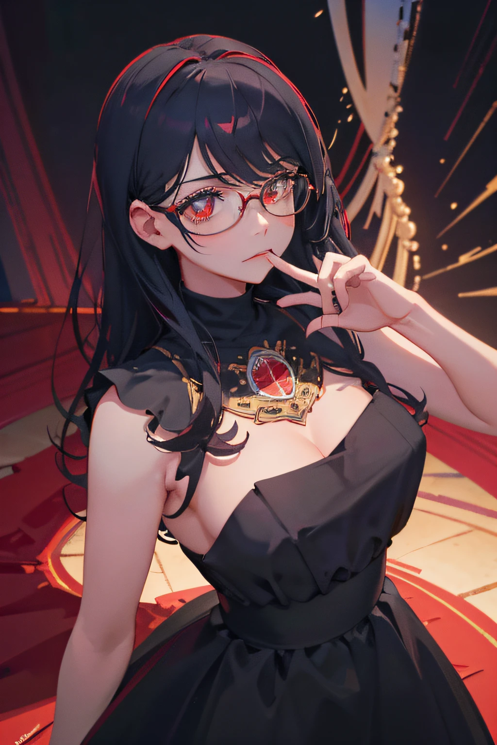 (bestquality,highres,masterpiece:1.2),ultra-detail,Realistic,photorealistic portrait:1.37,beautiful detail eyes,Beautifully detailed lips,dark hair,Stylish glasses,exquisitely detailed,virtuosity,Thai style dress,specific,Black dress,magician,completeness,Impeccable craftsmanship,Kick along,Beautiful red eyes,Red Dresses,personality,Looks confident......,Convey vivid emotions,Perfectly symmetrical......,Powerful and fascinating,Meticulously crafted,High Fashion,Pay attention to details,Spectacular lighting,Professional Studio,Flawless execution,An artistic masterpiece,mesmerizing,Outstanding beauty,Pay neat attention to your face......,Flawless composition,Impressive artistic vision,spellbinding artwork,Staring passionately......,Take art as an example.....,Luxurious atmosphere,captivating and enticing,Perfect image settings,Studio lighting with beautiful shadows,Beautiful color palette,vibrant colours,complication,talent,skill,Charming atmosphere,Beautiful visual effects,Flawless view,Interesting shots......,Unparalleled precision,Dreamlike atmosphere