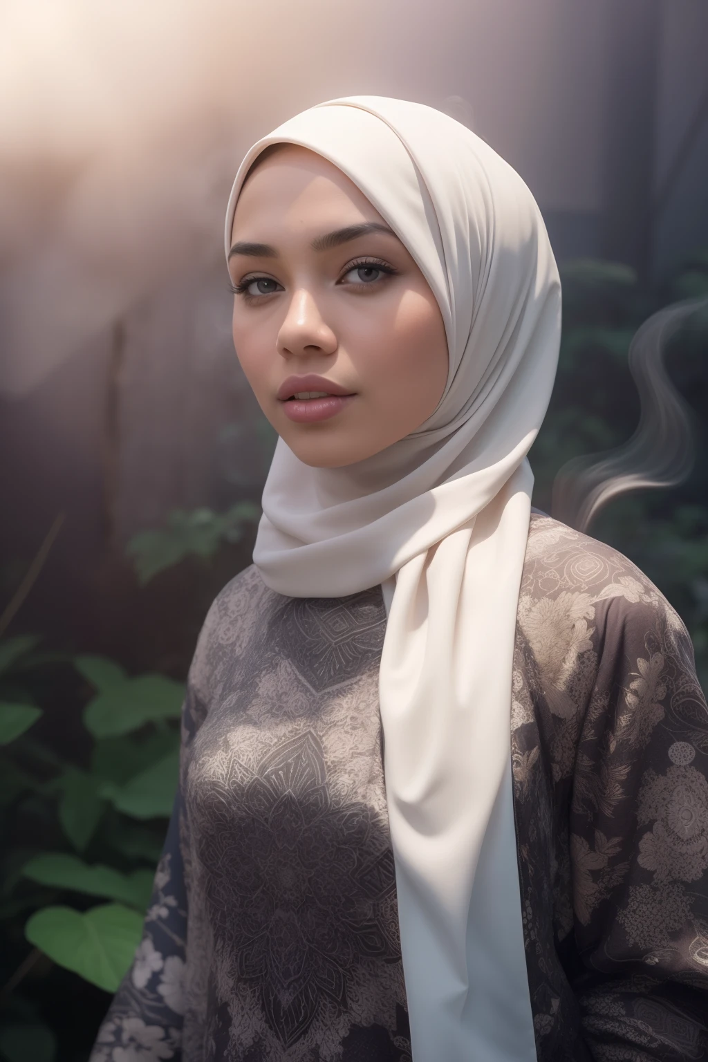 1 malay girl in hijab, solo, flower field, blossom, (white smoke:1.3) (photorealistic:1.4), zentangle, mandala, entangle, official art, unity 8k wallpaper, ultra detailed, beautiful and aesthetic, masterpiece ,best quality, (dynamic angle:1.4), glowing skin, (floating colorful sparkles:1) the most beautiful form of chaos, elegant, a brutalist designed, vivid colours, romanticism depth of field exotic_dance, half_naked