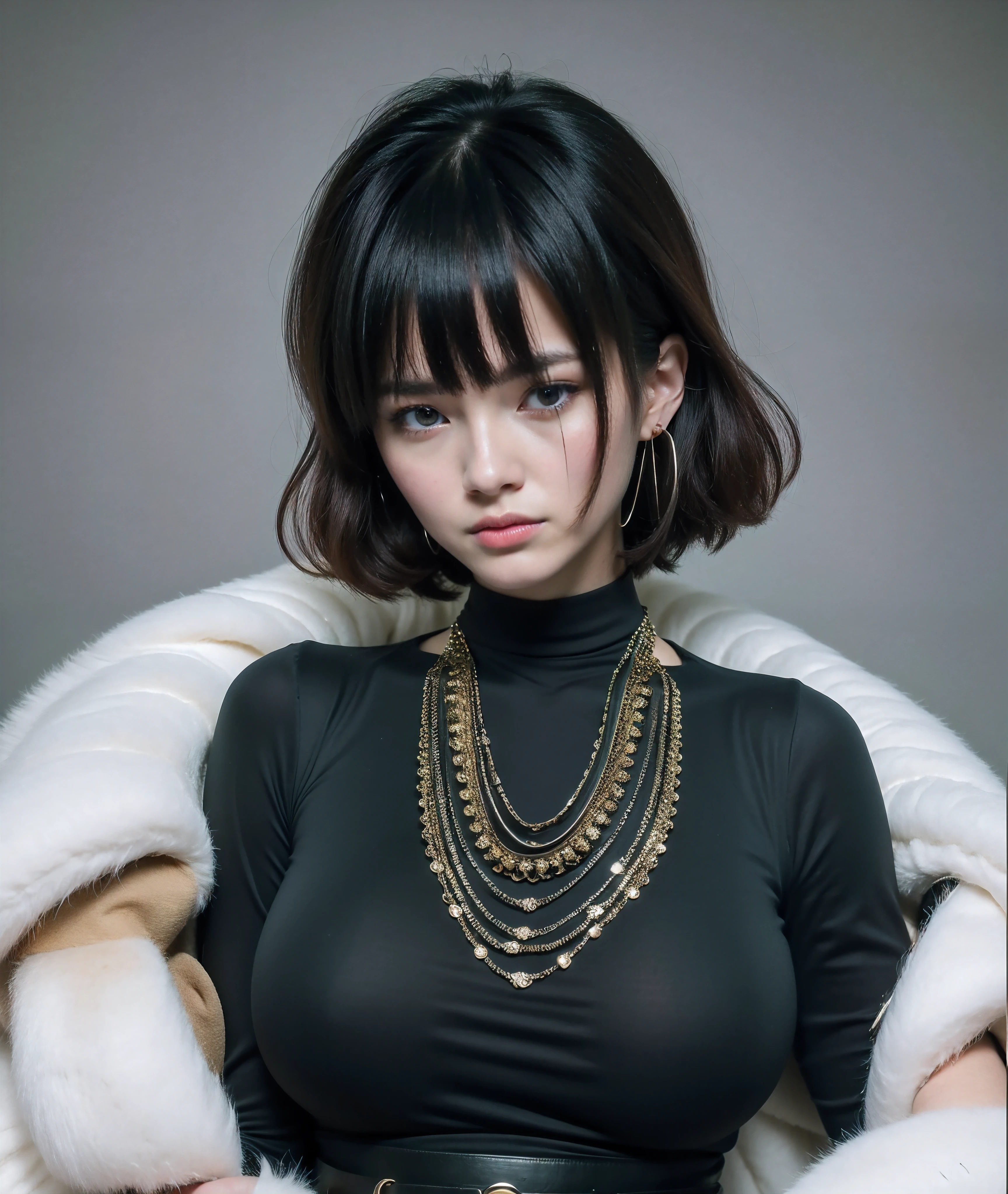 there is a woman, huge breast, with a fur coat and a belt, anime girl in real life, photorealistic anime girl render, ig model | artgerm, tatsumaki from one punch man, green hime cut hair, with short hair, realistic artstyle, sui ishida with green hair, masayoshi suto and artgerm. 8k, High quality image, masterpiece, detailed hair texture, detailed skin texture, detailed cloth texture, 8k, add fabric details, ultra detailed skin texture, ultra detailed photo, skin pores, cloth details, high skin details, realistic hair details, dramatic lighting