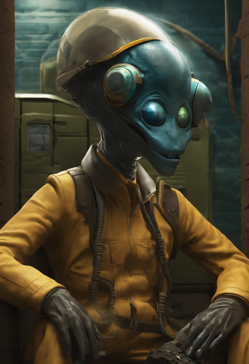 alien creating, idea, very detailed, alien talking on the cell phone, details, background with a brick wall, humanoid creating an idea, alien in a suit, alien having an idea, full body, very colorful, realistic, with details, seen from the front , very colorful, real look, animated, having an idea, clear image, Brazilian alien, fat alien, detailed eyes, holding a caliper, happy, intense look, intense image, striking colors, digital art, realistic style, very detailed, colors positive, construction uniform, worker clothes, safety helmet, safety boots, ear protectors, serious image, happy image,