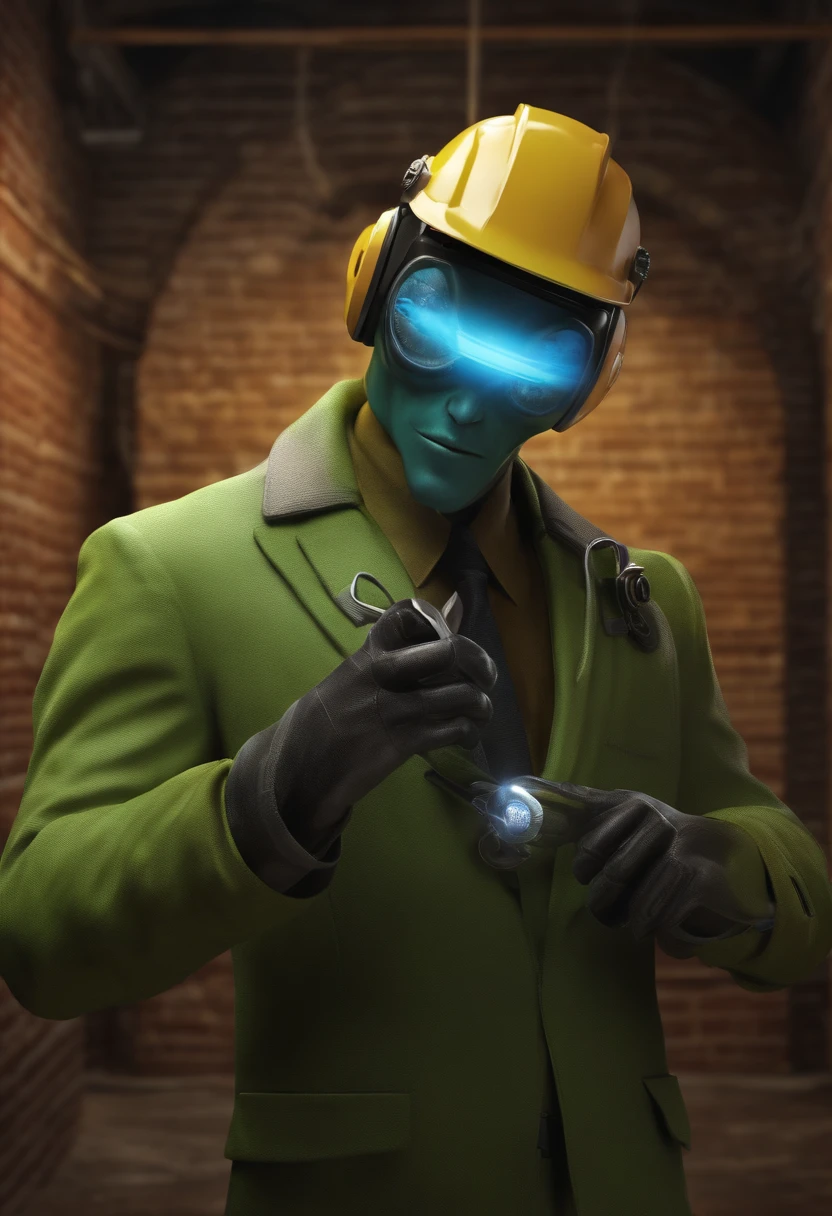alien creating, idea, very detailed, alien talking on the cell phone, details, background with a brick wall, humanoid creating an idea, alien in a suit, alien having an idea, full body, very colorful, realistic, with details, seen from the front , very colorful, real look, animated, having an idea, clear image, Brazilian alien, fat alien, detailed eyes, holding a caliper, happy, intense look, intense image, striking colors, digital art, realistic style, very detailed, colors positive, construction uniform, worker clothes, safety helmet, safety boots, ear protectors, serious image, happy image,
