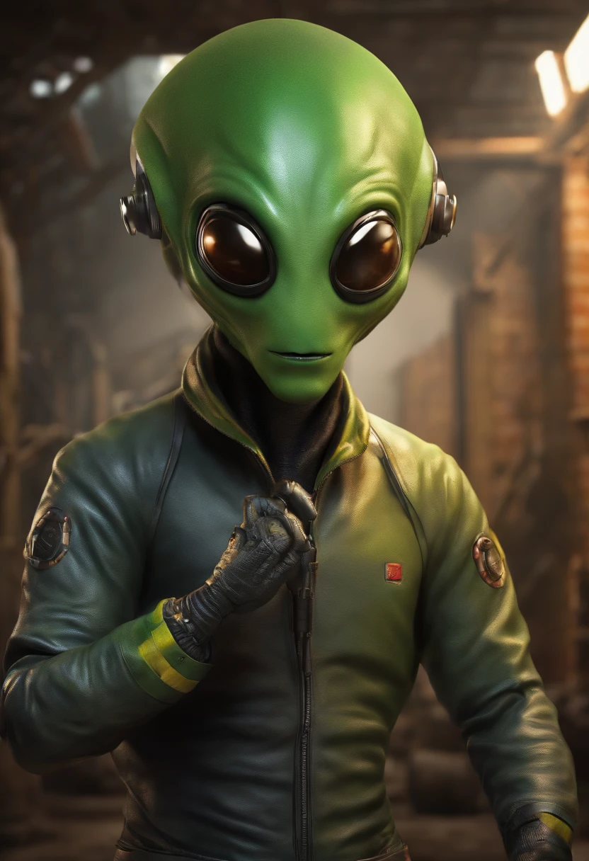 alien creating, idea, very detailed, alien talking on the cell phone, details, background with a brick wall, humanoid creating an idea, alien in a suit, alien having an idea, full body, very colorful, realistic, with details, seen from the front , very colorful, real look, animated, having an idea, clear image, Brazilian alien, fat alien, detailed eyes, holding a caliper, happy, intense look, intense image, striking colors, digital art, realistic style, very detailed, colors positive, construction uniform, worker clothes, safety helmet, safety boots, ear protectors, serious image, happy image,