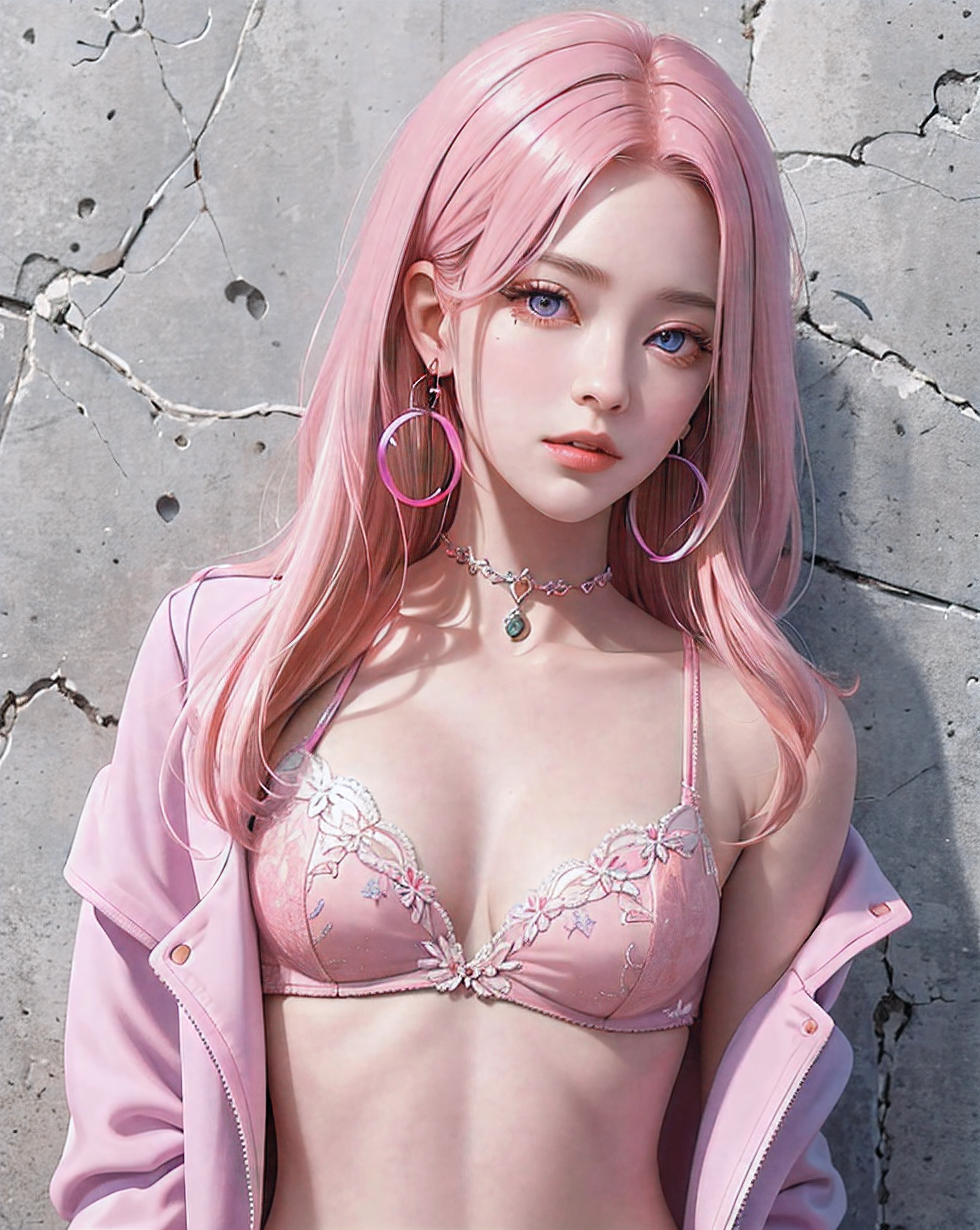(masterpiece, best quality, 1girl, solo, intricate details, chromatic aberration), realistic, ((medium breath)),long hair, pink hair, red head ornament, pink highlights, hair over one eye,purple eyes, earrings, sharp eyes, choker, neon shirt, open jacket, crop top, (symmetry eyes),(perfect symmetrical body),against wall, brick wall, graffiti, dim lighting, alley ,look at viewer