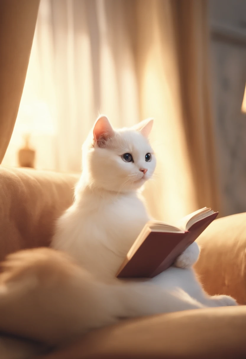 there is a cat on it, a cute little cat, The cutest kitten in history, Very beautiful and cute girl cat, Lewd and excited white cat, a cute little cat, Intelligent cat, an anthro cat, funny cat, cute kittens, And a sad cat. They read books on the couch、Sitting on a chair. They are relaxing after a hard day. They are wearing pajamas.