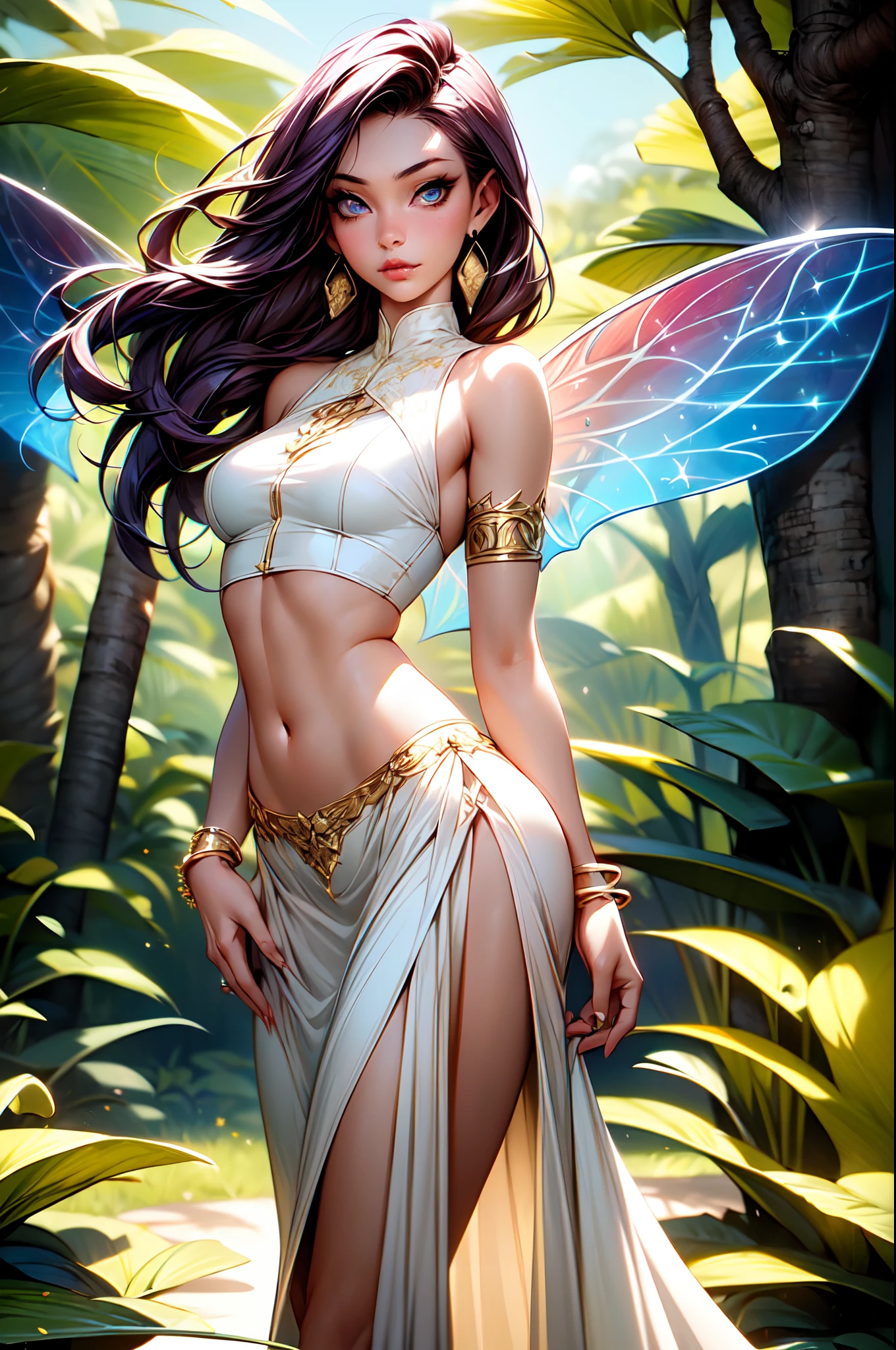 Fantasy image of Sunny Leone as a beautiful fairy, with translucent feathers, large breasts, completely naked , standinf by a stream of water, upper body, front view