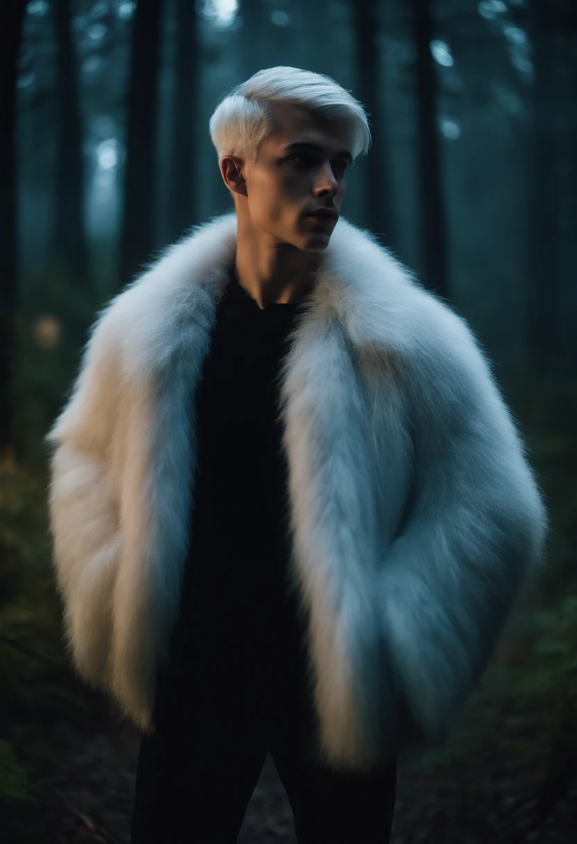 Young man, 20 years old, white hair, two block haircut , shirtless wearing a black fur coat, standing in the forest at night, magical light, surrounded by fog