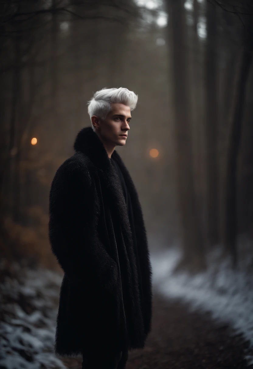 Young man, 20 years old, white hair, two block haircut , shirtless wearing a black fur coat, standing in the forest at night, magical light, surrounded by fog