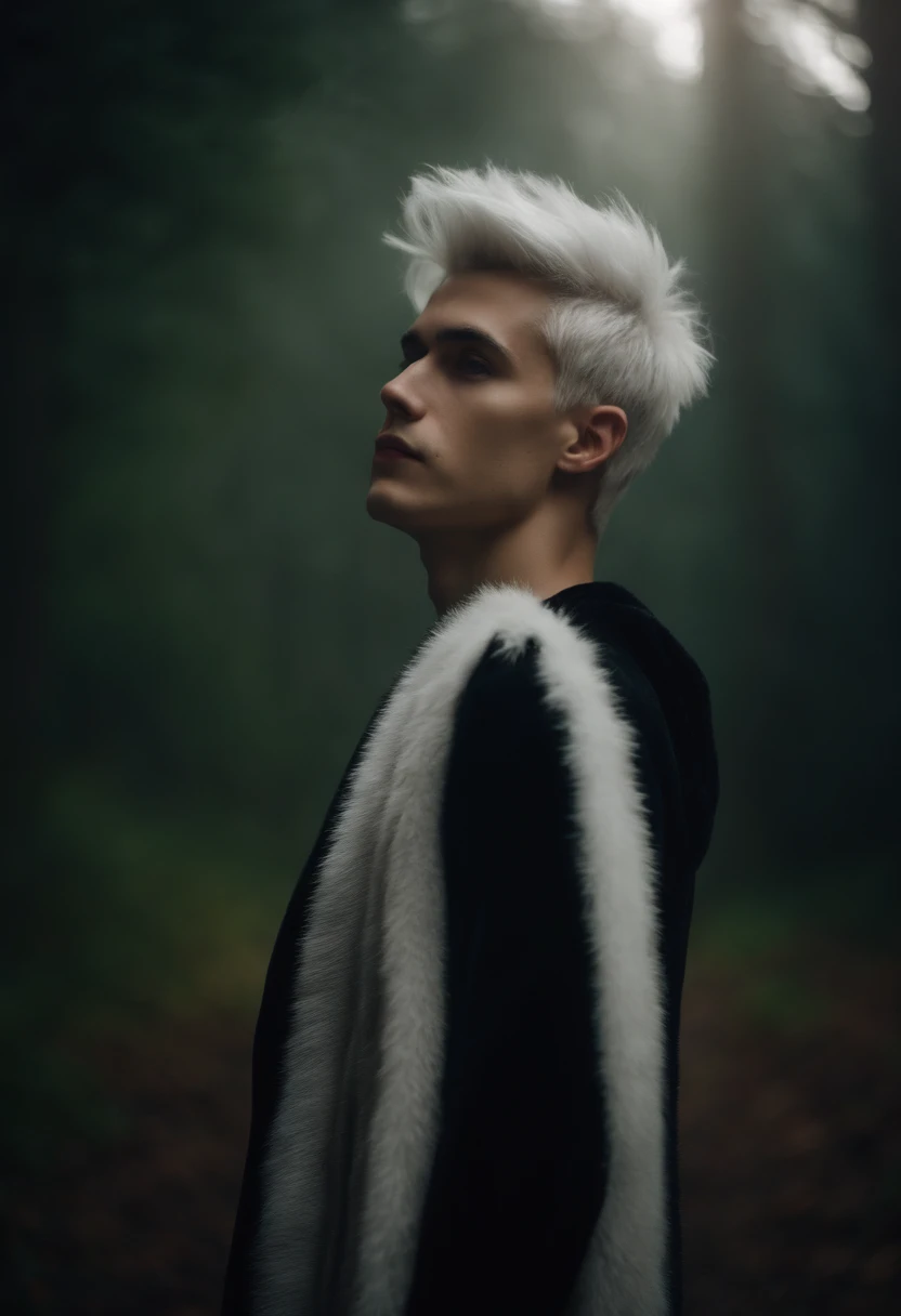 Young man, 20 years old, white hair, two block haircut , shirtless wearing a black fur coat, standing in the forest at night, magical light, surrounded by fog