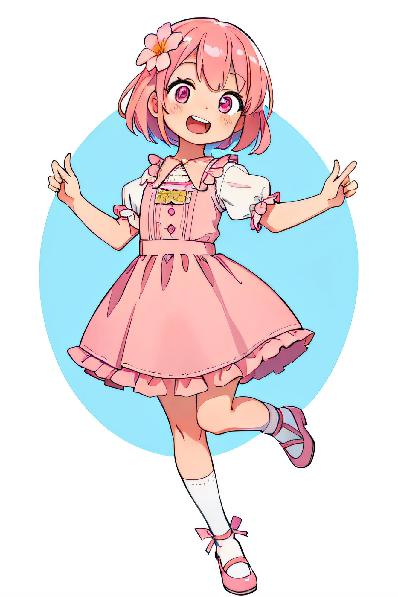 (best quality,highres:1.37),joyful expression,light pink skin,pink hair and eyes,cheerful expression,slightly upturned corners of the mouth,surrounded by blooming flowers,dainty dress,full body shot,standing pose,frontal view,facing the viewer,white background