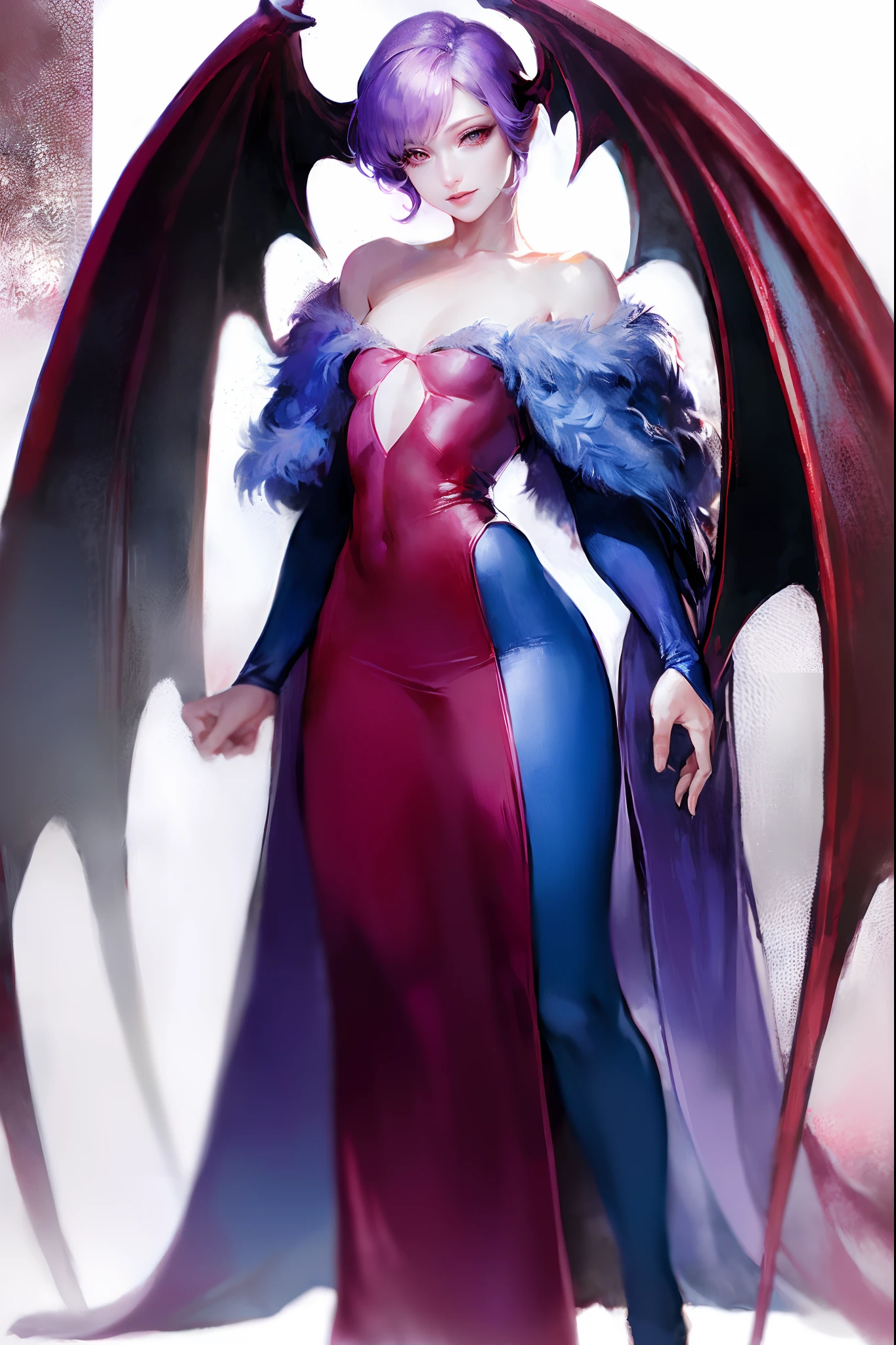 (best quality,masterpiece:1.2),intricate details,beautiful detailed eyes,beautiful detailed lips,extremely detailed eyes and face,longeyelashes,darkstalkers_lilith modeseven,super curvy,comic style,vibrant colors,standing,innocent, full body, standing, smile