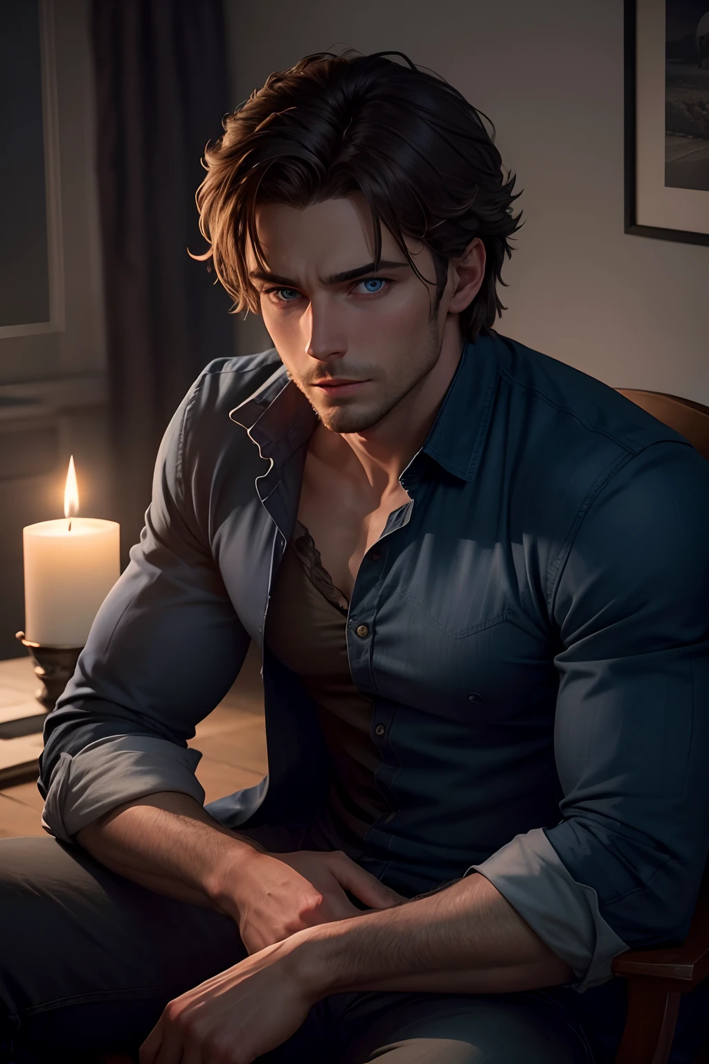 Handsome guy with intense blue eyes is sitting in a completely dark room. There's a lit candle 30 centimeters away from his face, illuminating his beautiful features. Photorealistic style. 8k resolution. Very detailed.