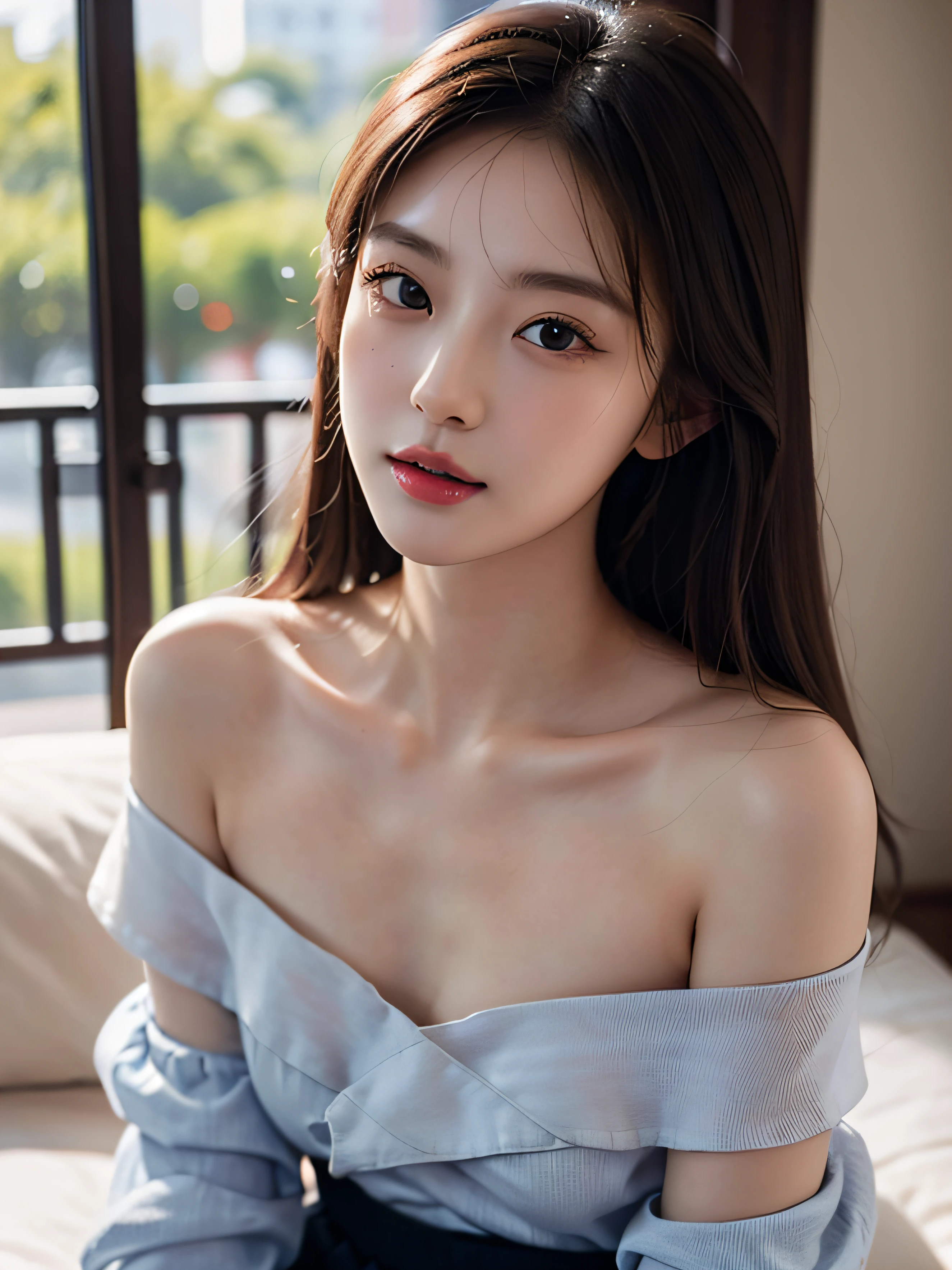 Fashion trendy beautiful and charming woman, gentle and charming Chinese beautiful woman, Delicate and sexy collarbone, charming oval face, Double eyelids, Smart peach blossom eyes, Pink lips, small nose, Bare shoulders, Focus on the face, Close-up of the face, The ultra -The high-definition, ultra-detailliert, White off-the-shoulder shirt、Perfectly reflects the light blue slit skirt, Fresh and impressive