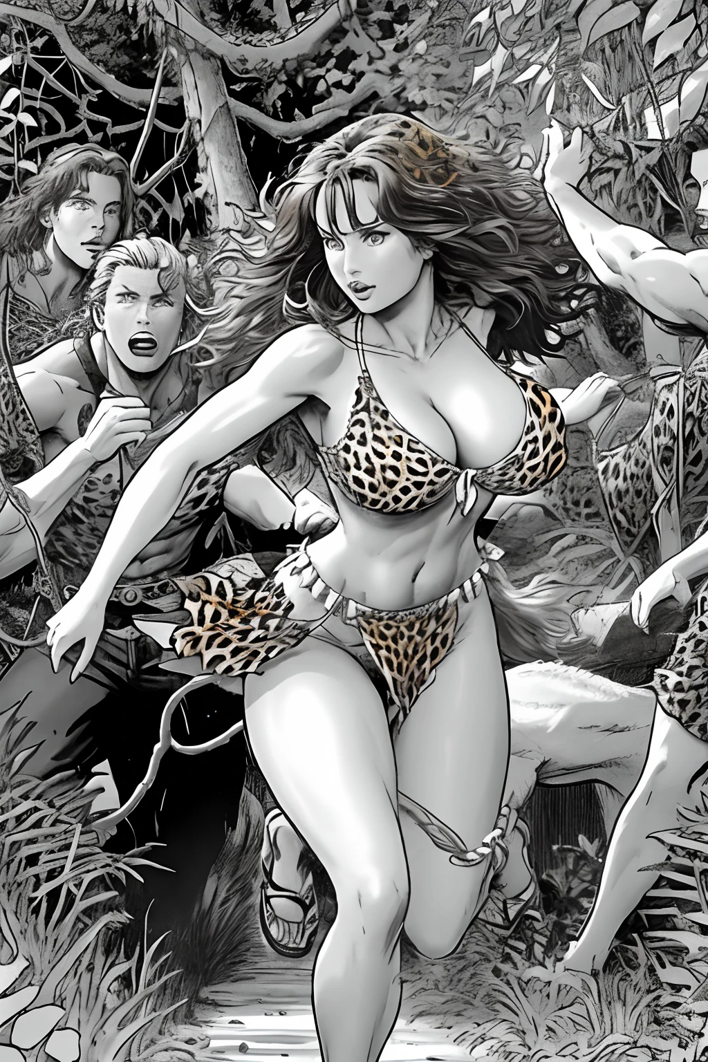 cavewoman and group of men, running, messy hair, cavewoman being chased through the jungle by men, primitive clothing, midriff , leopard top, large breasts, cleavage, breasts bouncing, loin cloth, vines