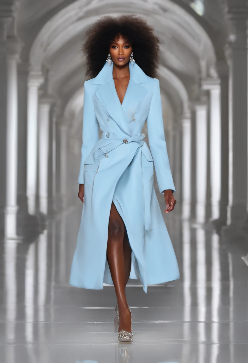(Best quality,4K,8K,A high resolution,Masterpiece:1.2), Ultra-detailed, (Realistic,Photorealistic,photo-realistic:1.37), fashion show photo, Naomi Campbell was born in London, ((bald-headed)),She is a legendary black model, (Perfect limbs), fashion show photo, ((fully body photo)), ((Lake blue coat)),Romantic, supermodel body,,opulent, Beautiful high heels, Glamorous, indoor: (((Runway scene))), (stars in background ), inside in room:Catwalk scene, Long-range shooting.