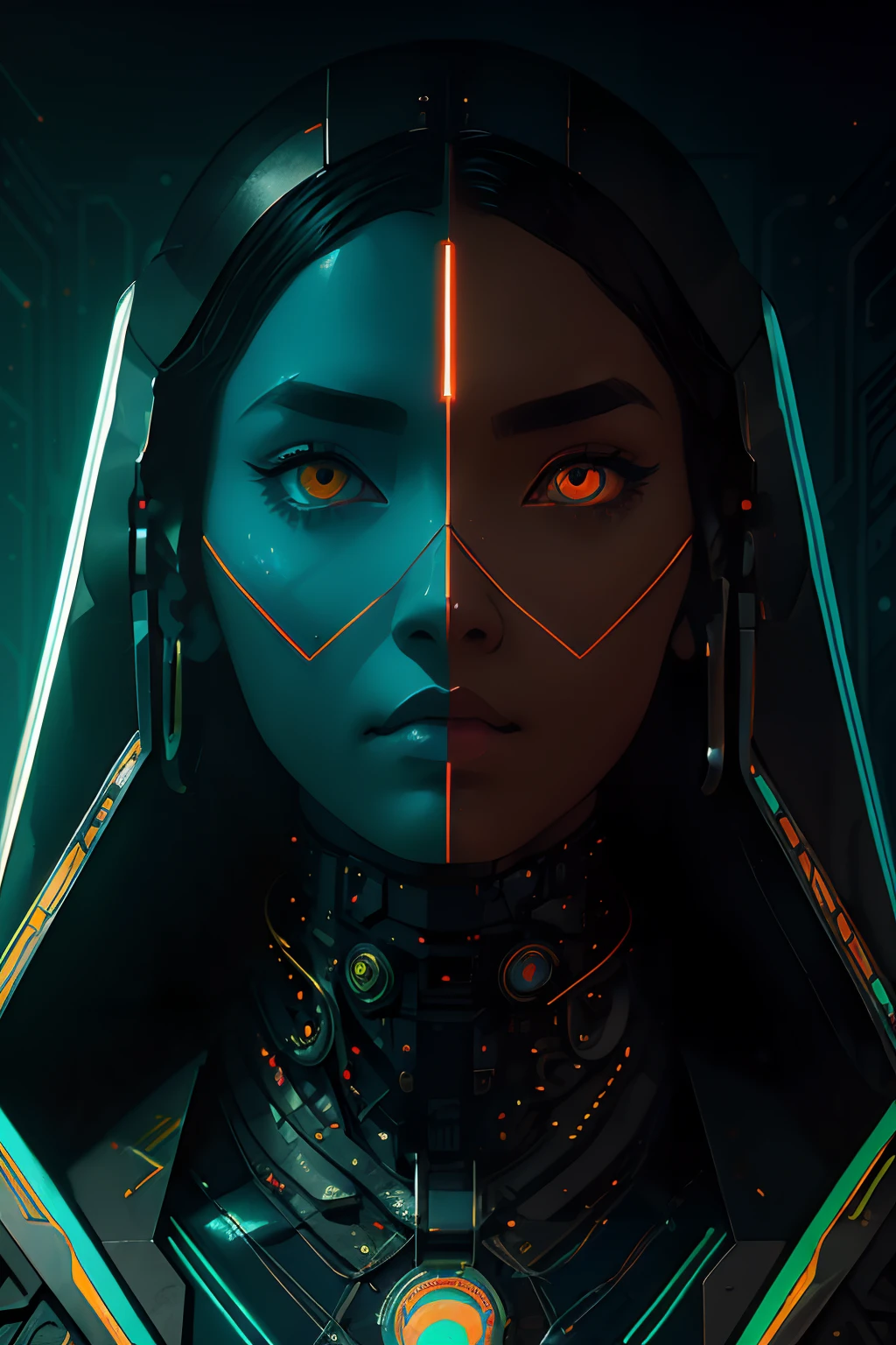 indigenous futurism, indian cybernetic cyborg goddess, cyberpunk, the style of fantastical fantasy compositions, dark prism, eye-catching metallic compositions, symmetrical arrangements, eye-catching iridescent red, blue, green,yellow,bright neon,luminous, distinctive noses, ethereal,bloody colorful, eye-catching compositions with rainbow prism,high resolution, masterpiece,composite cybernetic metallic bodysuit, indigenous cybernetic jewellery and ornaments,symmetrical design ,character concept art,Rendered in Octane,trending in artstation, cgsociety, 8khighly detailed,Junji Murakami, Mucha Klimt, Sharandula, Hiroshi Yoshida, Tom Bagshaw, Ross Tran, Artgerm,Craig Mullins,dramatic,Junji Murakami, moody lighting post-processing,cinematic lighting ,ar 2:3 –uplight