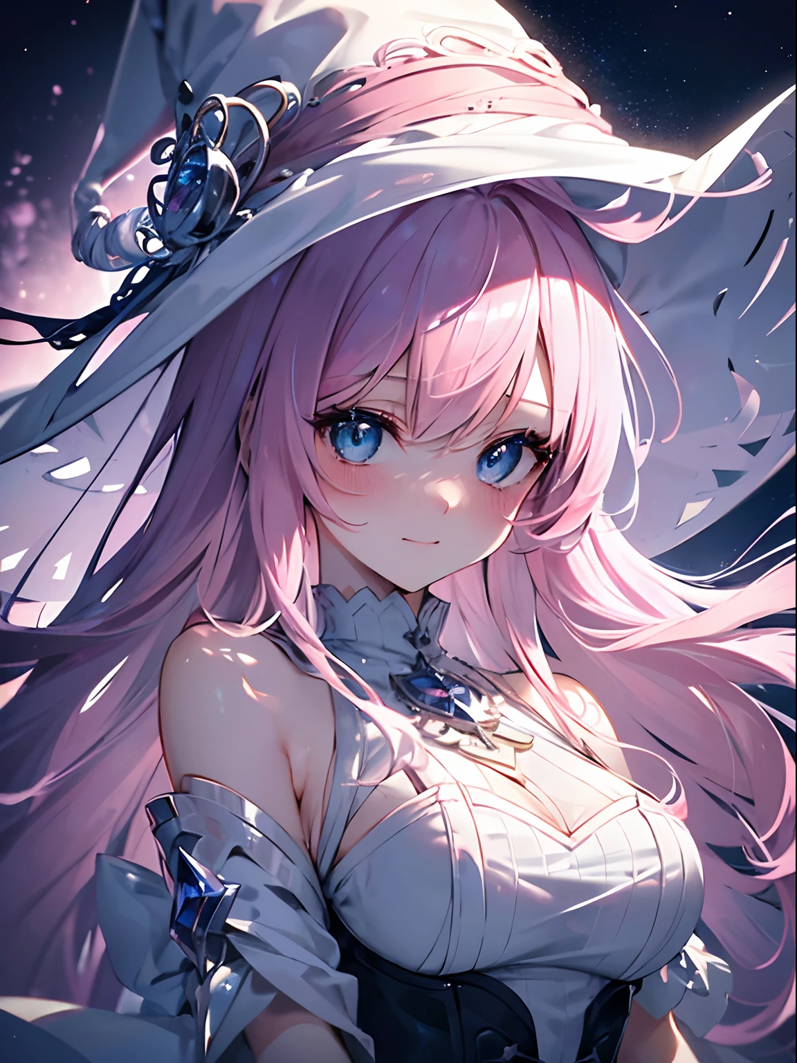 (masterpiece,best quality,ultra-detailed),1girl,white and pink hair,blue eyes,beautiful and detailed face, detailed eyes,pink witch hat,pink witch outfit,looking at viewer,blushing, embarrassed, nervous smile,(grey and grayish pink theme), night,starry background