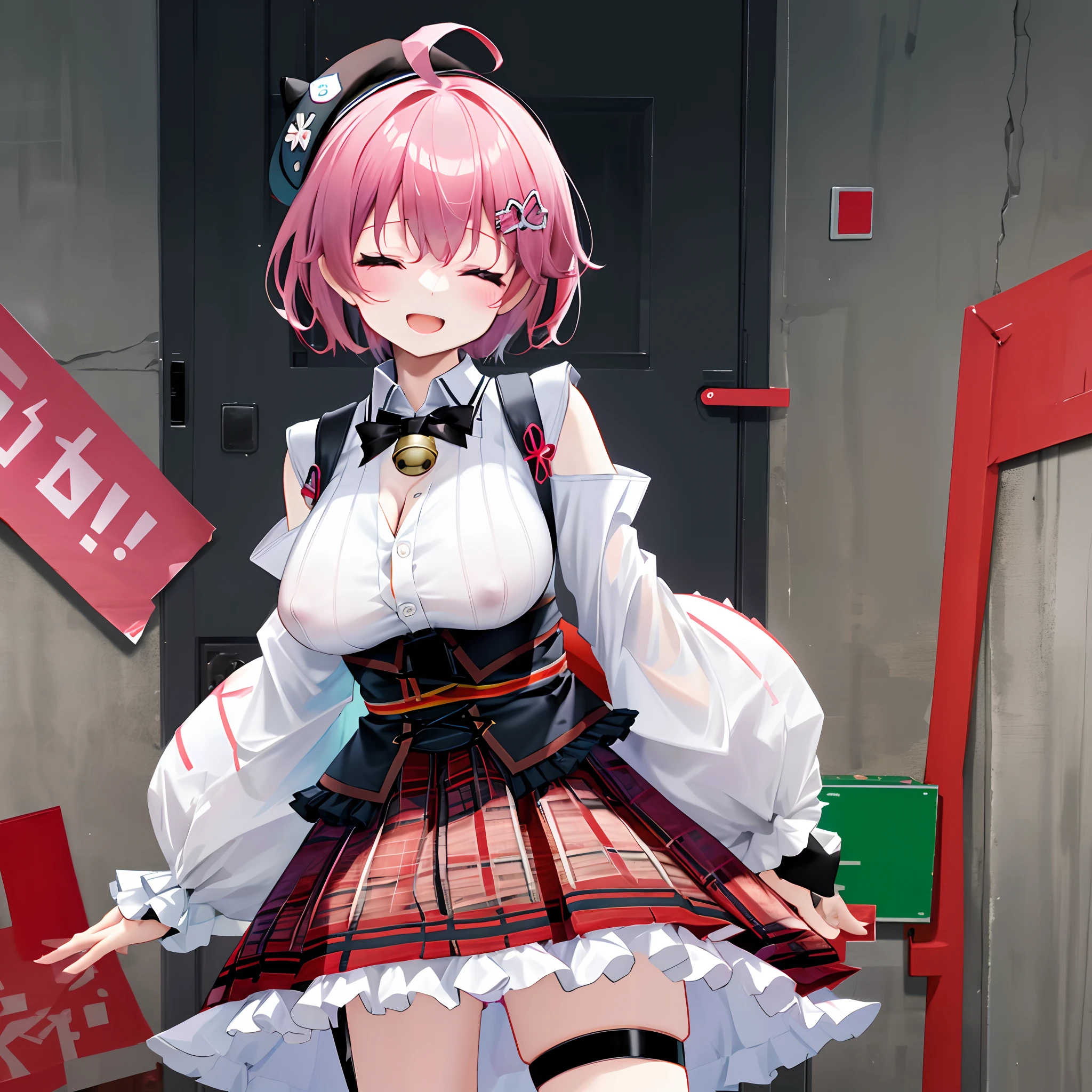 masutepiece, Best_Quality, hight_resolution, miko3,Ponytail, 1girl, Ahoge, black headwear, Hair Ornament, White shirt, black thighhighs, Pink hair, Red_skirt, (very_short_skirt:1.5), plaid skirts, garter_strap, Collared shirt, hair clips, frilld, Bangs, hair between eye, frills skirt, beret, Pleated skirt, Hair Flower, Neck bell, , puffy long sleeves, Black bow, Underbust, Cowboy Shot,Smile, (gigantic_breasts:1.3),(covered_nipples:1.3), covered_pussy,(closed_eyes:1.3), (happy:1.5), childlike_posing,spread_legs,(childlike_smile:1.2),plump,open_mouth, (open_clothes:1.2),cleavage,(Panty_shot:1.3),(apart_legs:1.3)