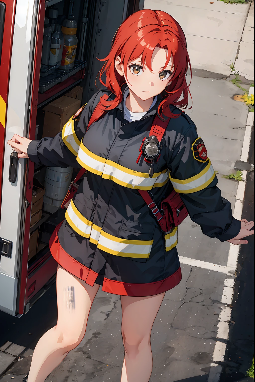 Firefighter girl with red shotr hair