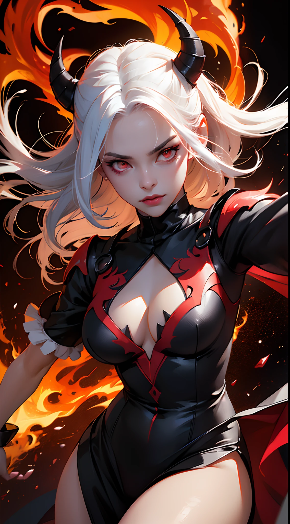 female demon, black background, red energy magic, red glowing eyes, white hair,fair skin, dynamic pose, kawaii, fit build, gorgeous perfect face, in the style of realistic and hyper detailed renderings, zbrush, hyper realistic oil, contoured shading, darkness,in the hell,fire