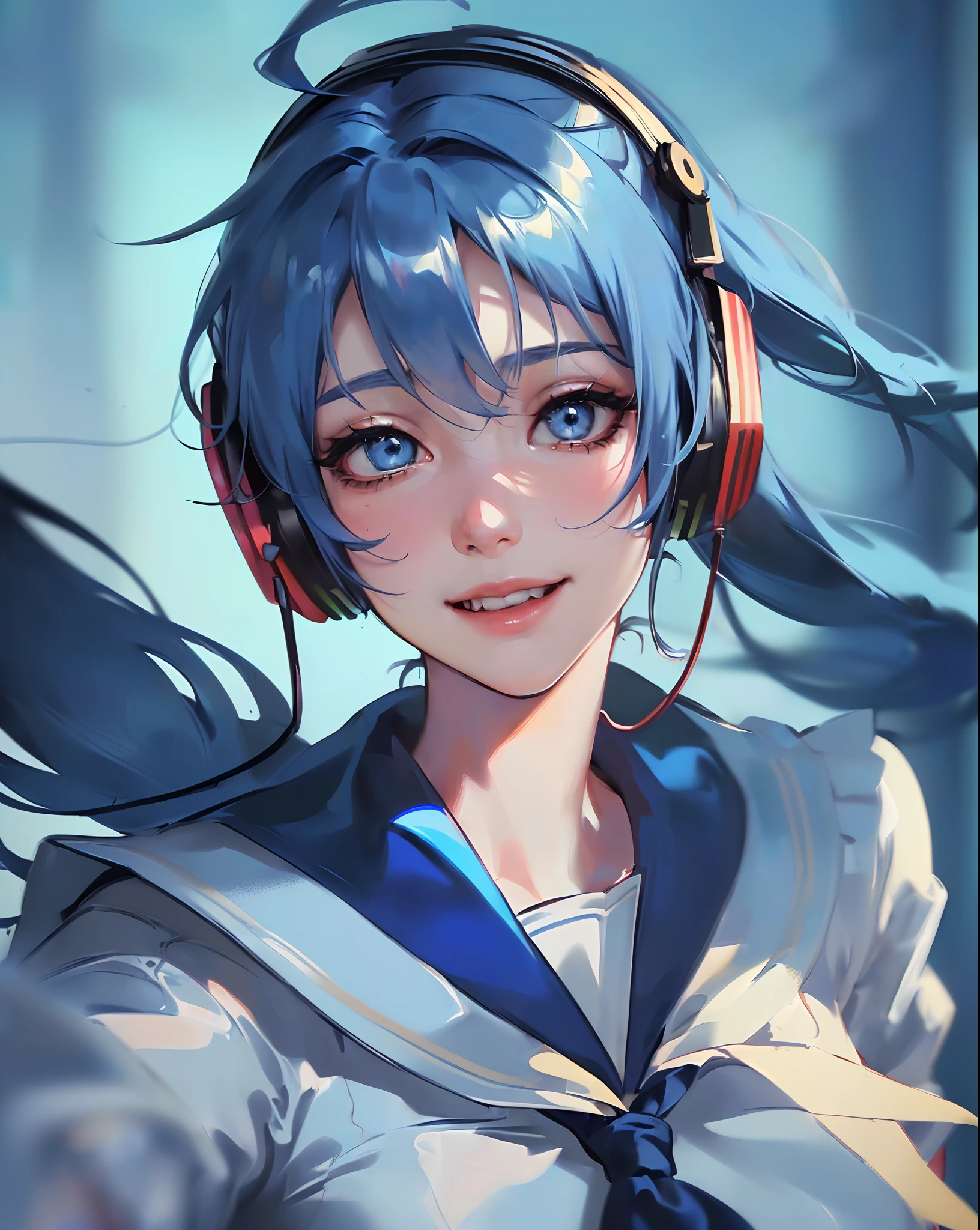 8K,Best quality, masterpiece, ultra high res, (photorealistic:1.4), raw photo, (Authentic skin texture:1.3), (film grain:1.3), (selfie angle),1girl,beautiful detailed eyes and face,masterpiece, best quality,close-up,upper bod, (((a woman with blue hair wearing a sailor outfit and headphones!!!))), anime girl cosplay, anime cosplay, with blue hair, anime girl in real life, beautiful blue haired girl, cosplay, anime inspired, pretty girl with blue hair, professional cosplay, girl with blue hair, anime vibes, nightcore, ((smiling!!!))
