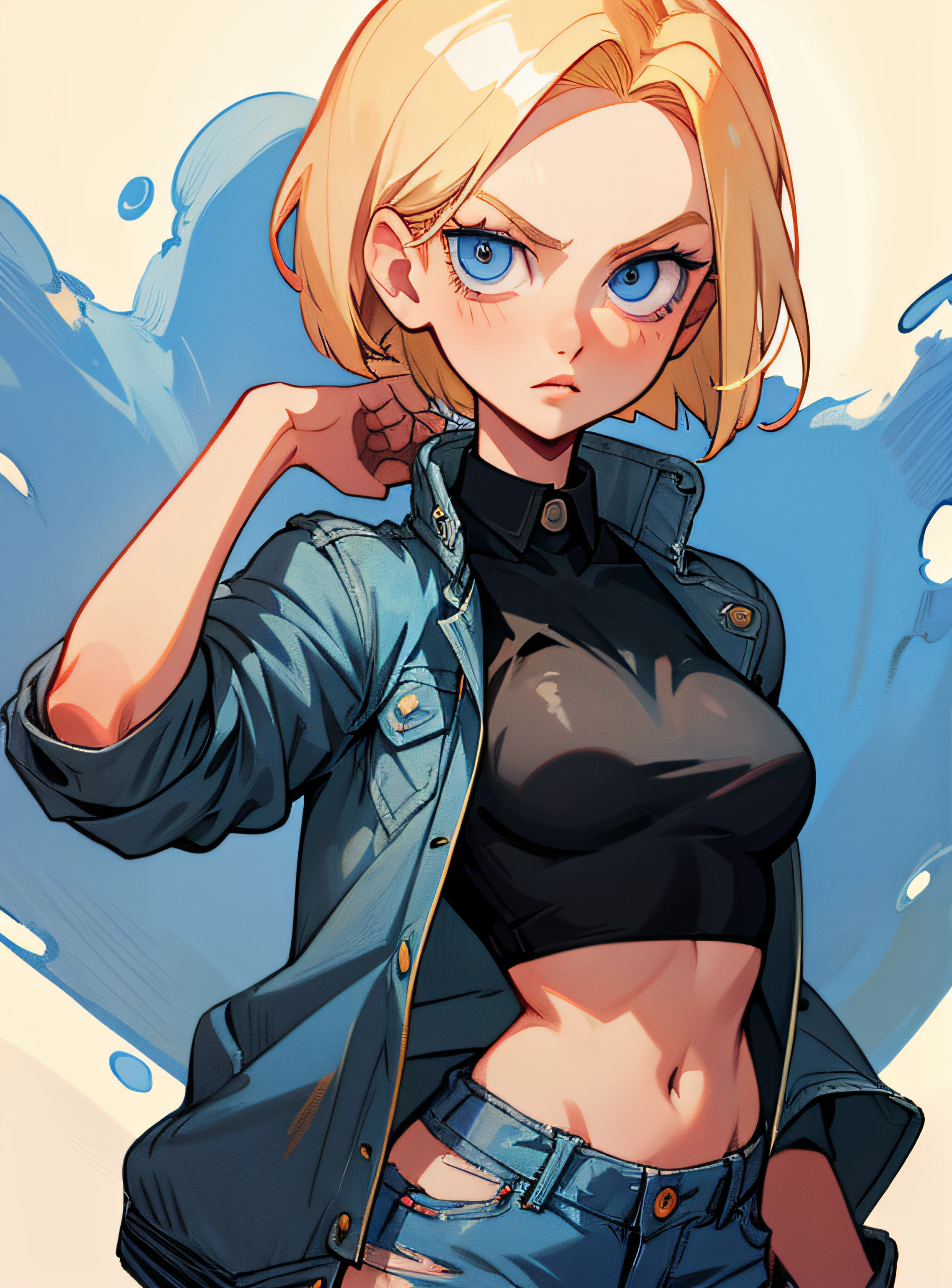 android 18, blue eyes, blonde hair, short hair, denim jacket, black shirt, medium breasts