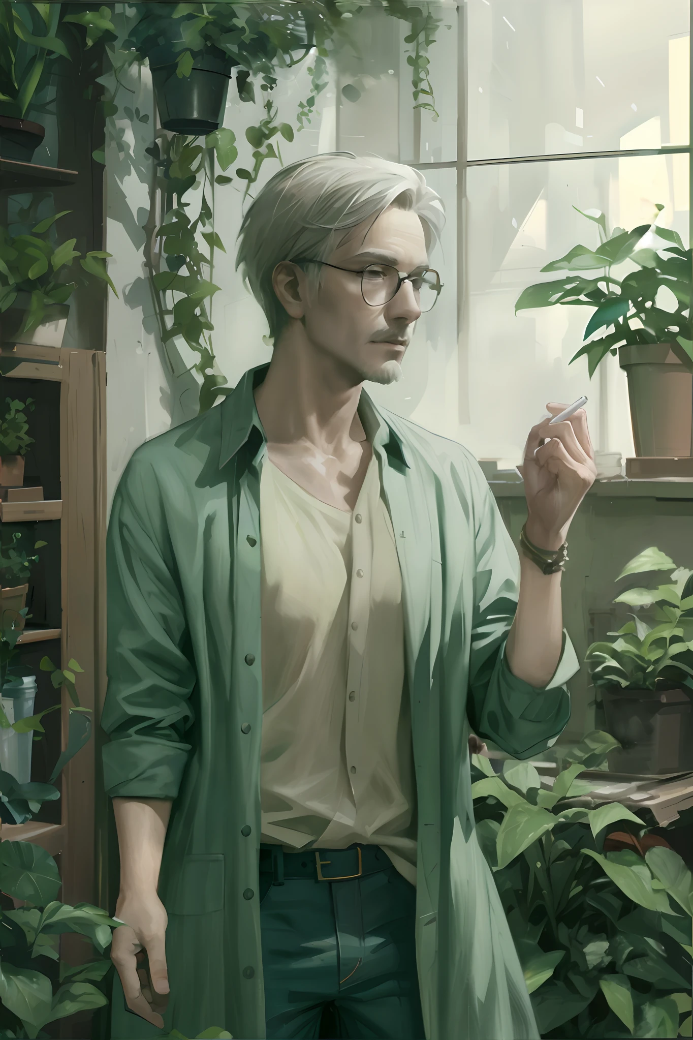There is a man standing with a cigarette in the greenhouse, artwork in the style of guweiz, inspired by Yanjun Cheng, painted in anime painter studio, style of hajime isayama, shigenori soejima illustration, made with anime painter studio, by Yanjun Cheng, skinny male fantasy scientist, johan liebert, artstation mans aesthetic