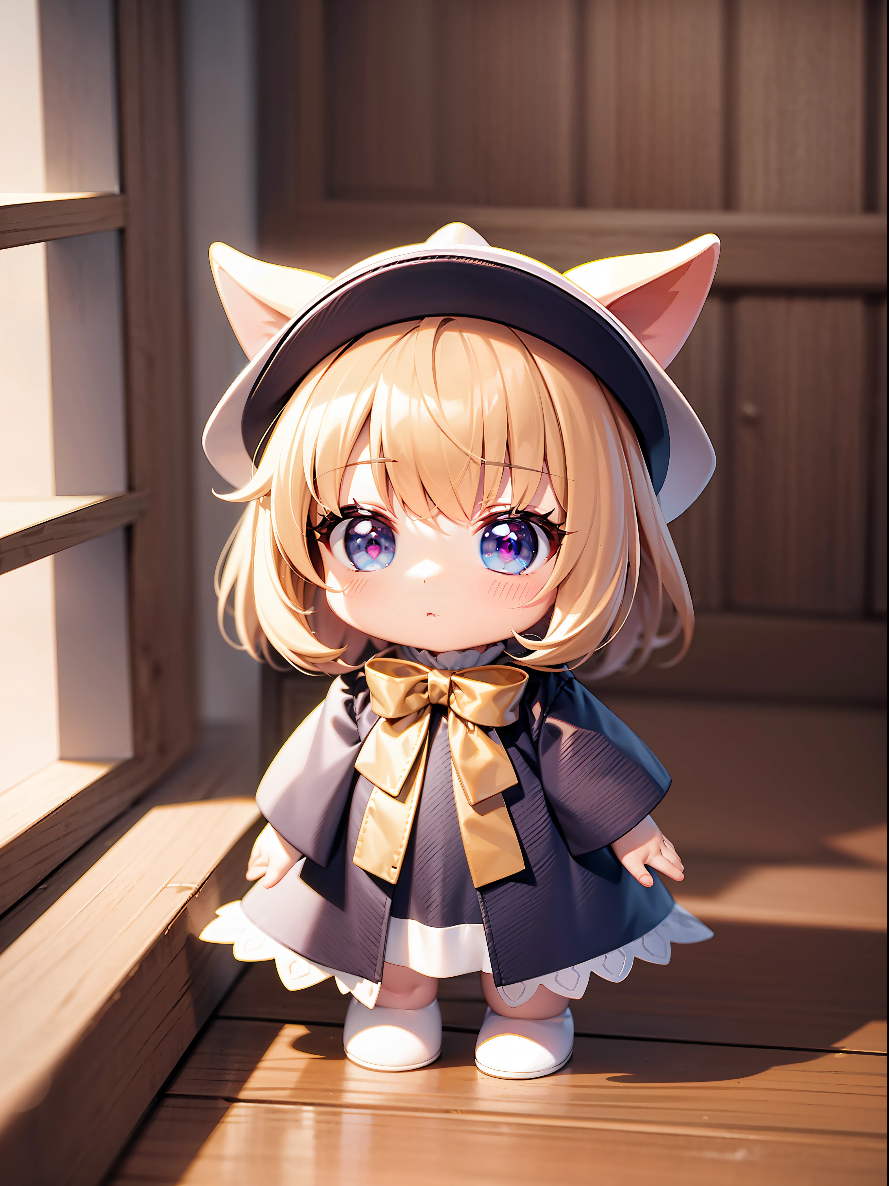 PopMart Blind Box IP, a close-up of a cute, white robe doll, young wanangel style, wearing long and fluent clothes, wlop style, pocelain doll, little people; Unreal Engine 5, Lite 3D/C4D production: 8K HD quality/lighting/ultra-detailed lens depiction 1.5, flawless, chibi background/cinematic.