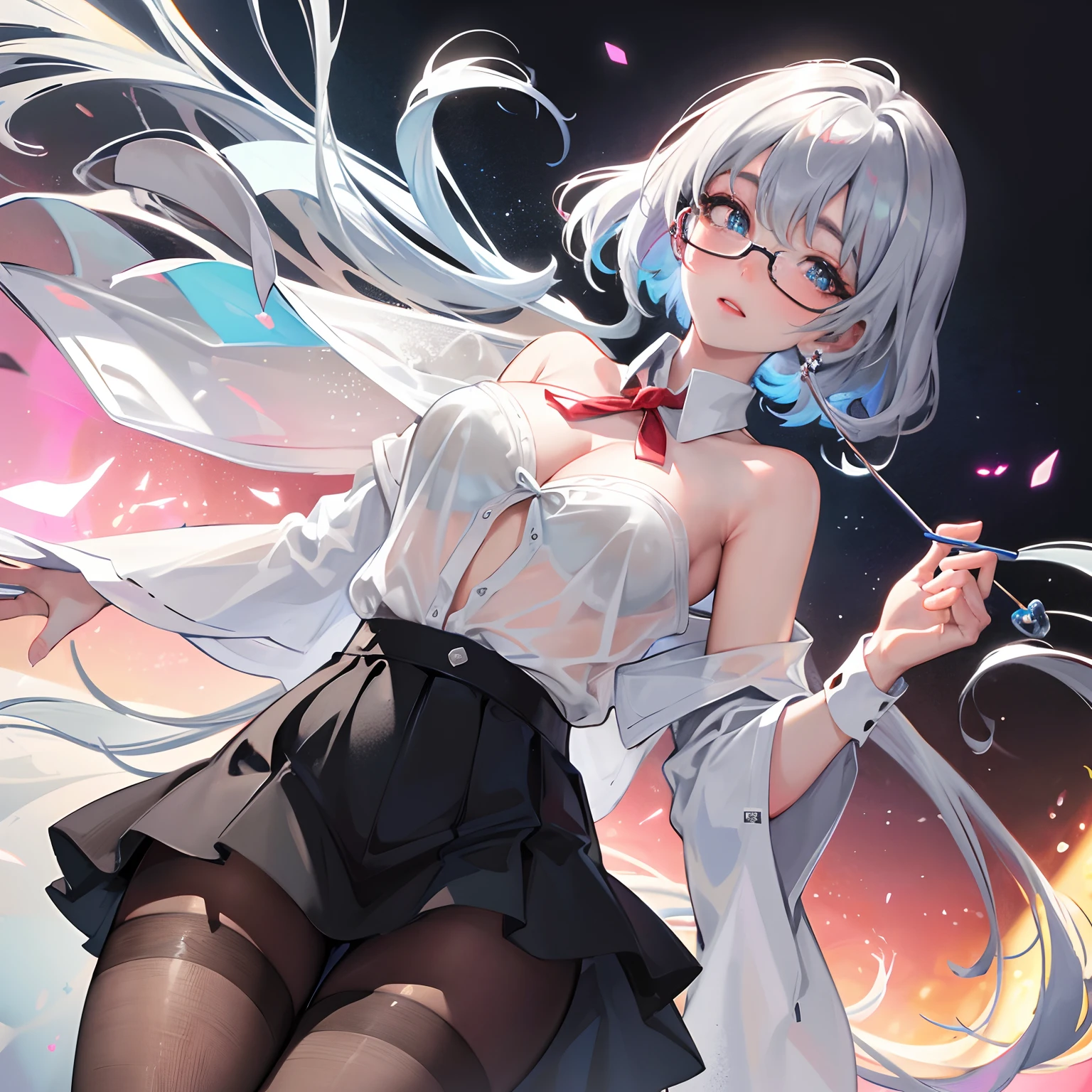 finest image, colorful and soft watercolor painting, portrait, intelligent sexy beauty, amorous expression, lewd expression, laugh, happy, shy, light silver glossy flowing layered messy wavy iridescent short hair, blue sparkling big eyes, red alluring moist big thick lips, unbuttoned white shirt, black miniskirt, black pantyhose, see-through red lace lingerie, glasses, great proportion, professional lighting