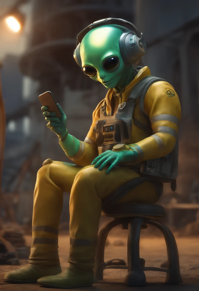 a wide photo of an alien creating, idea, very detailed, extraterrestrial talking on the cell phone, details, background with building under construction, humanoid with an idea, alien having an idea, full body, very colorful, realistic, with details, seen from the front , very colorful, real look, animated, having an idea, clear image, Brazilian alien, fat alien, detailed eyes, holding a caliper, happy, intense look, intense image, striking colors, digital art, realistic style, very detailed, colors positive, civil construction uniform, worker clothes, wearing a safety helmet, wearing safety boots, wearing ear protection, happy image,