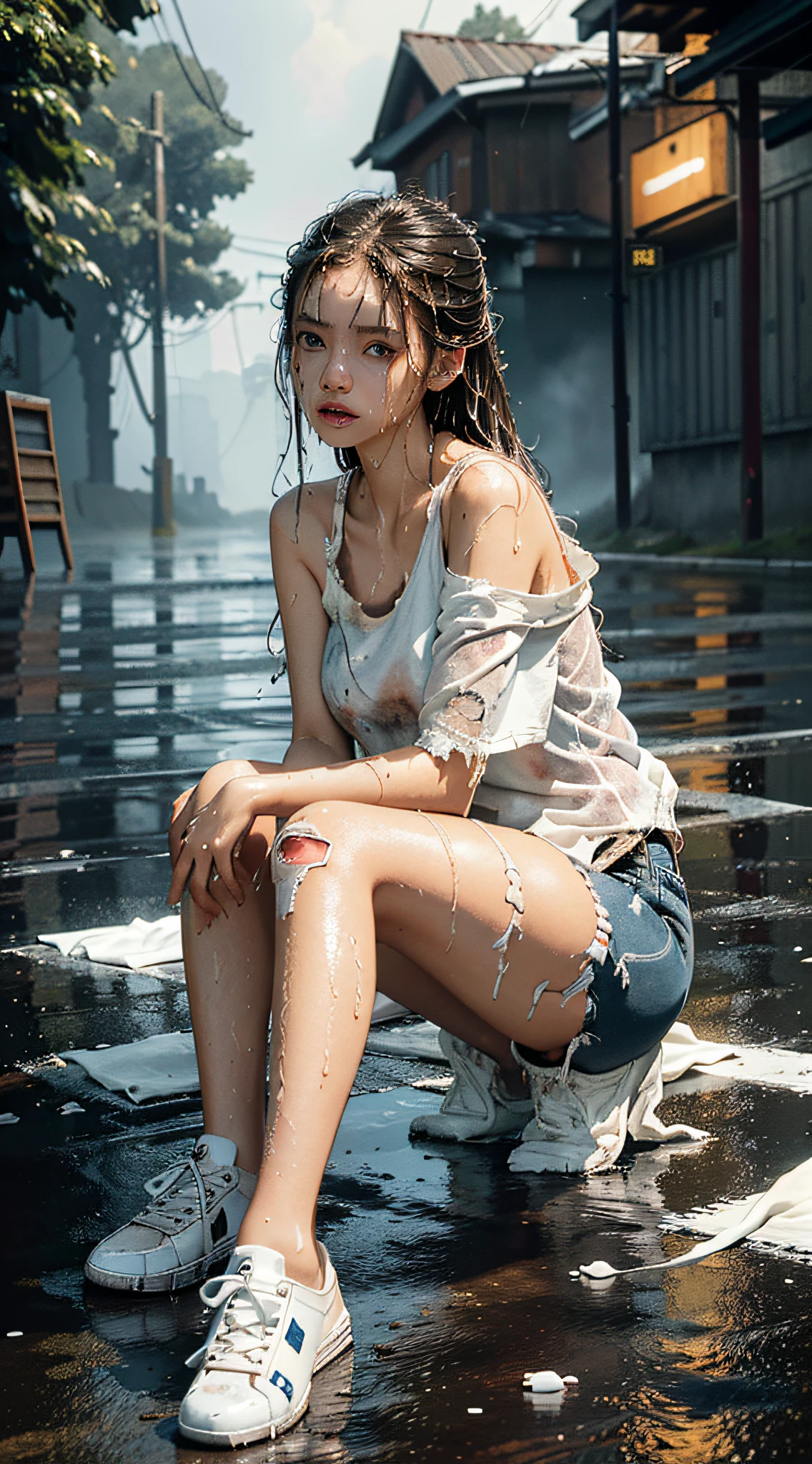 best image quality, masterpiece, super high resolution, (fidelity:1.4), photo, 1 girl, white shirt, torn jeans, white sneakers, dim, darkness, despair, pity, poor, movie, tears, teardrops, (torn clothes:1.5), (wet clothes:1.4), bare shoulders, real rain, wet hair,..