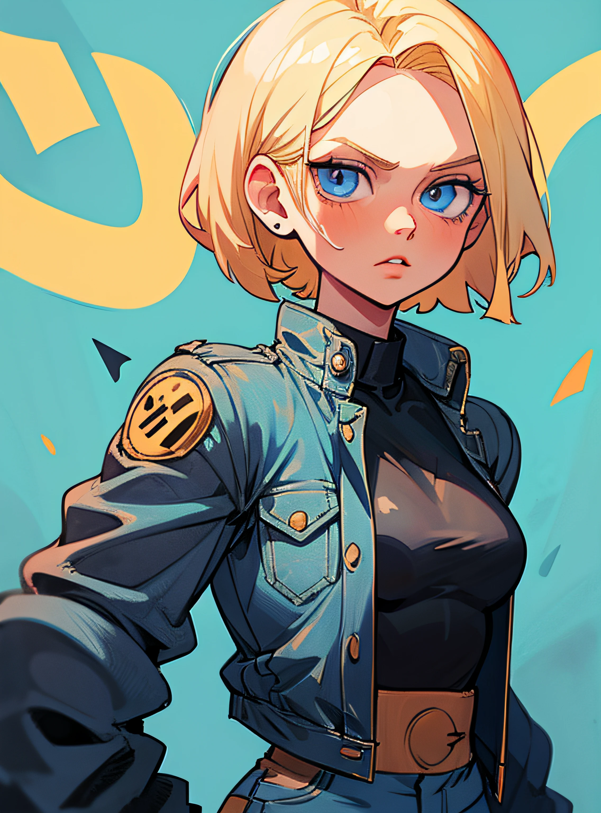 android 18, blue eyes, blonde hair, short hair, denim jacket, black shirt, medium breasts